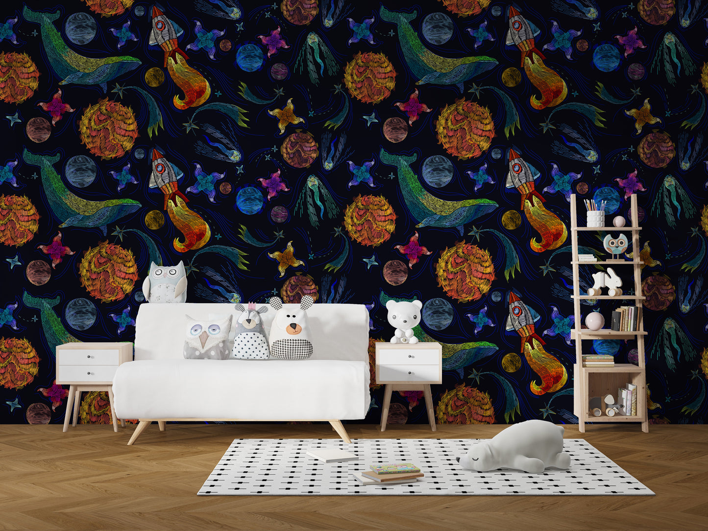 Cosmic-themed embroidery-style mural wallpaper
