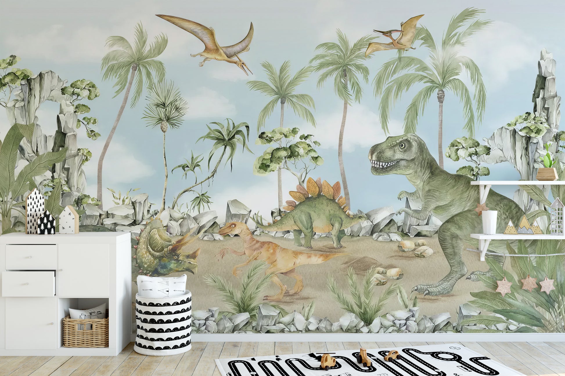 Fun wall mural showcasing cartoon dinosaurs for kids
