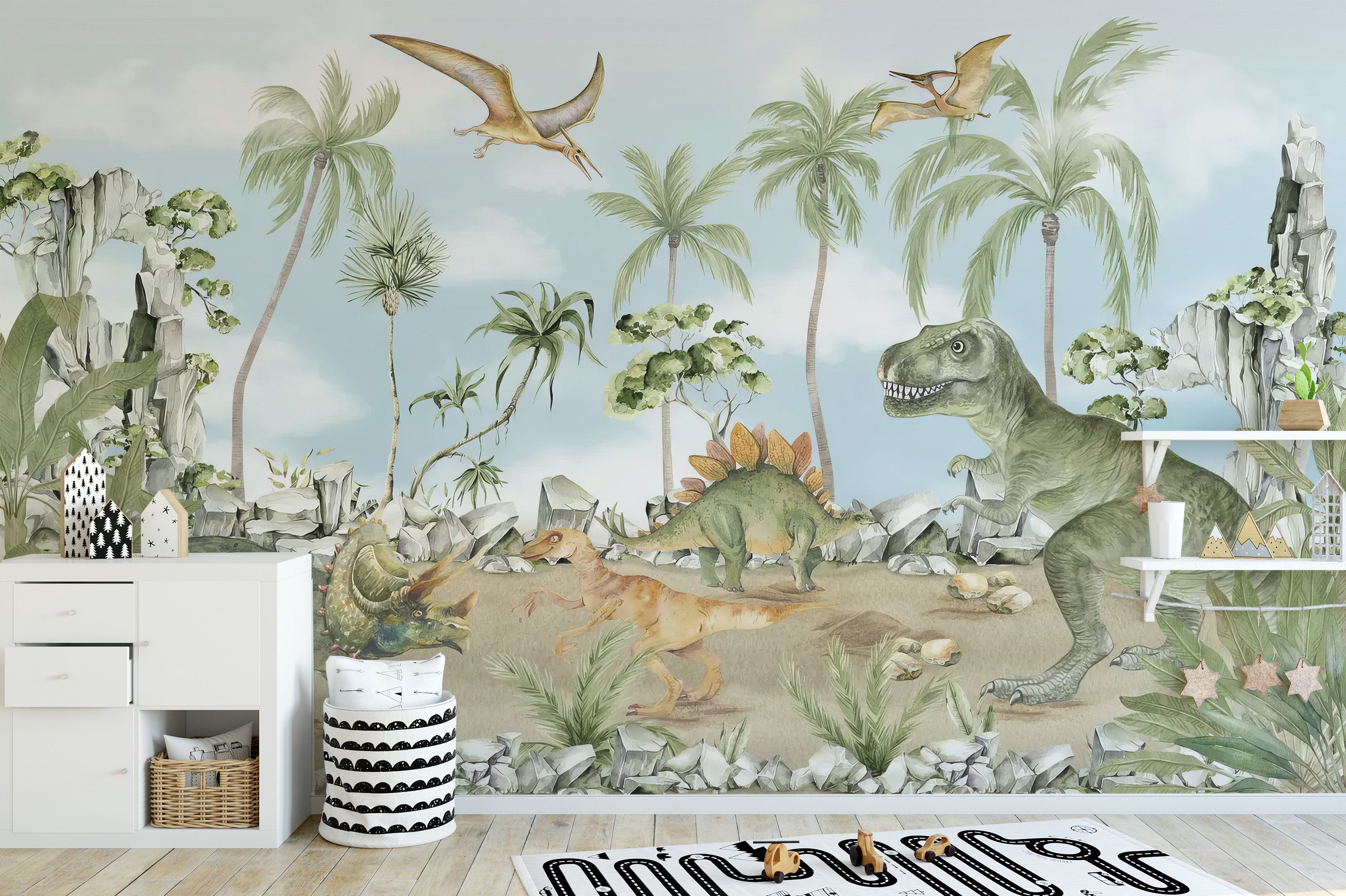 Fun wall mural showcasing cartoon dinosaurs for kids
