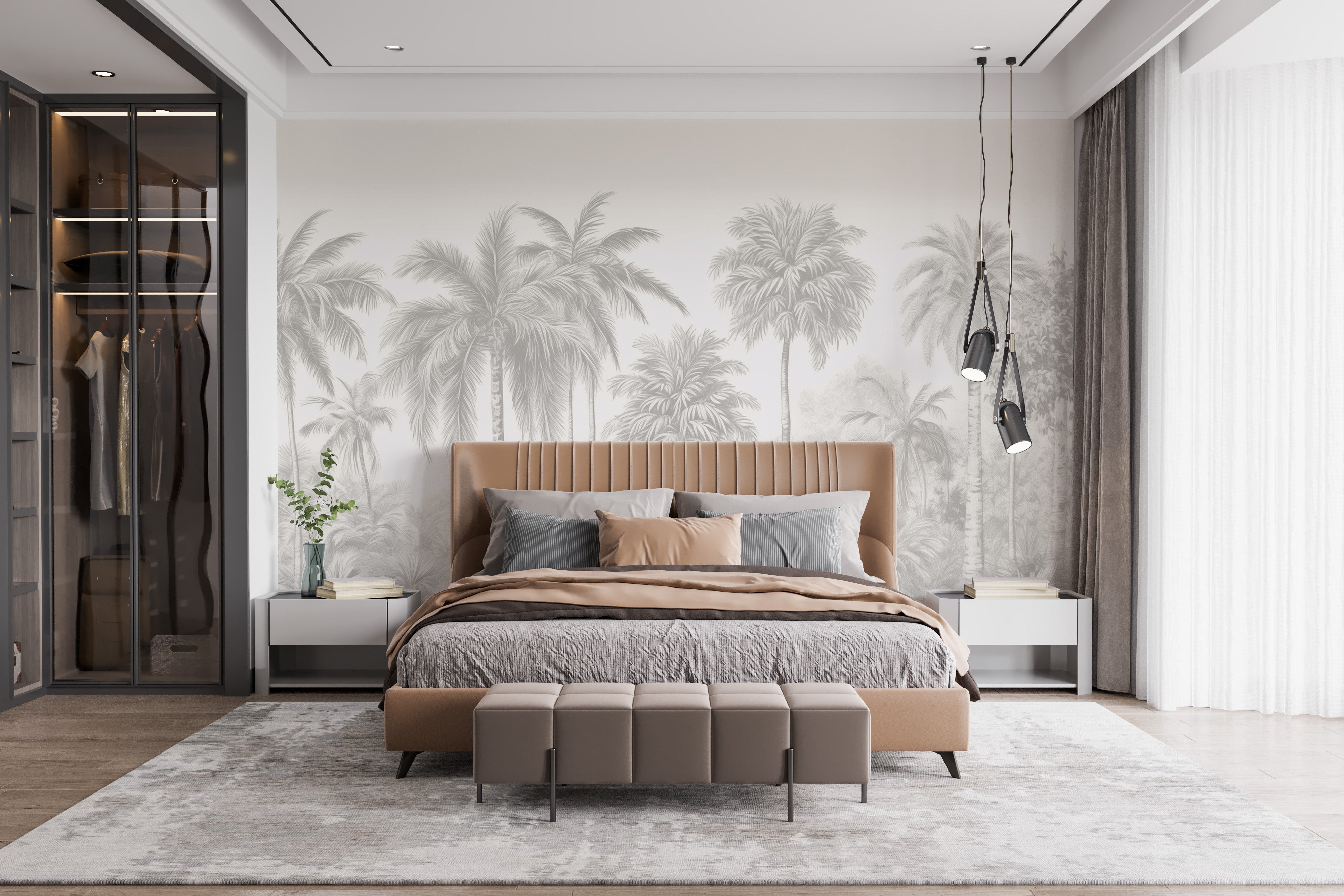 Tranquil beige palm trees wall mural for peaceful vibes
