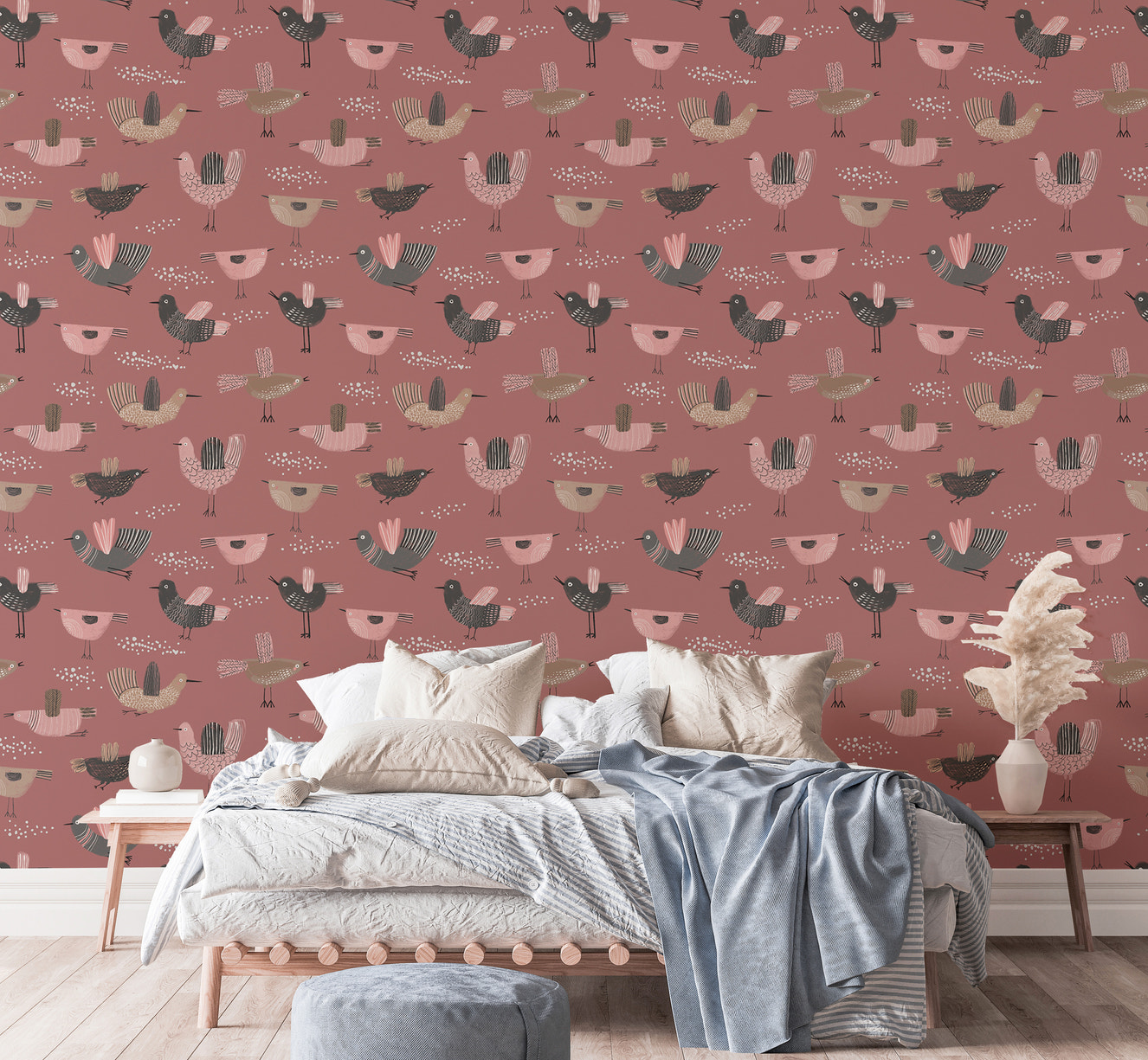 Pastel wallpaper featuring hand-drawn birds on dark pink