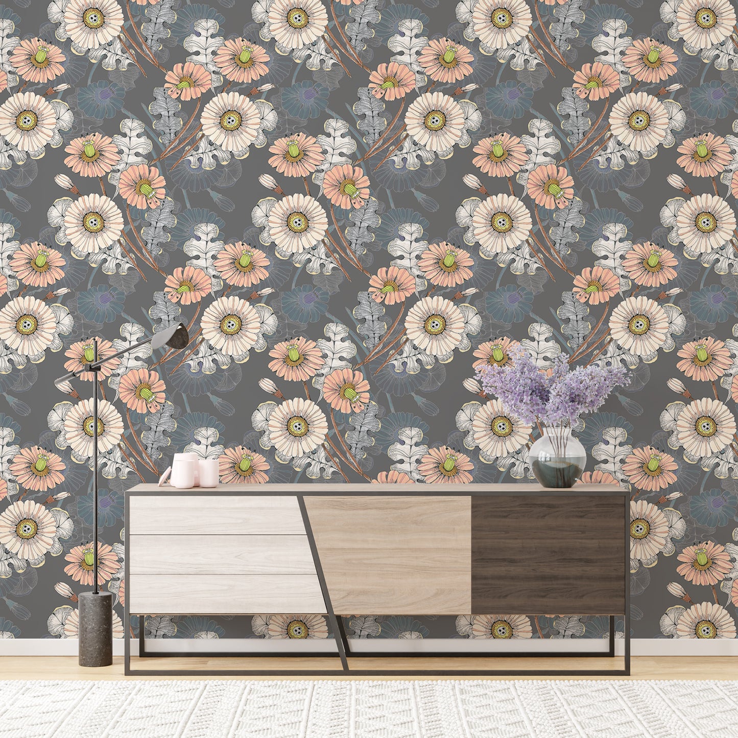 Bouquet Decorative Flowers Drawing Gray Wallpaper