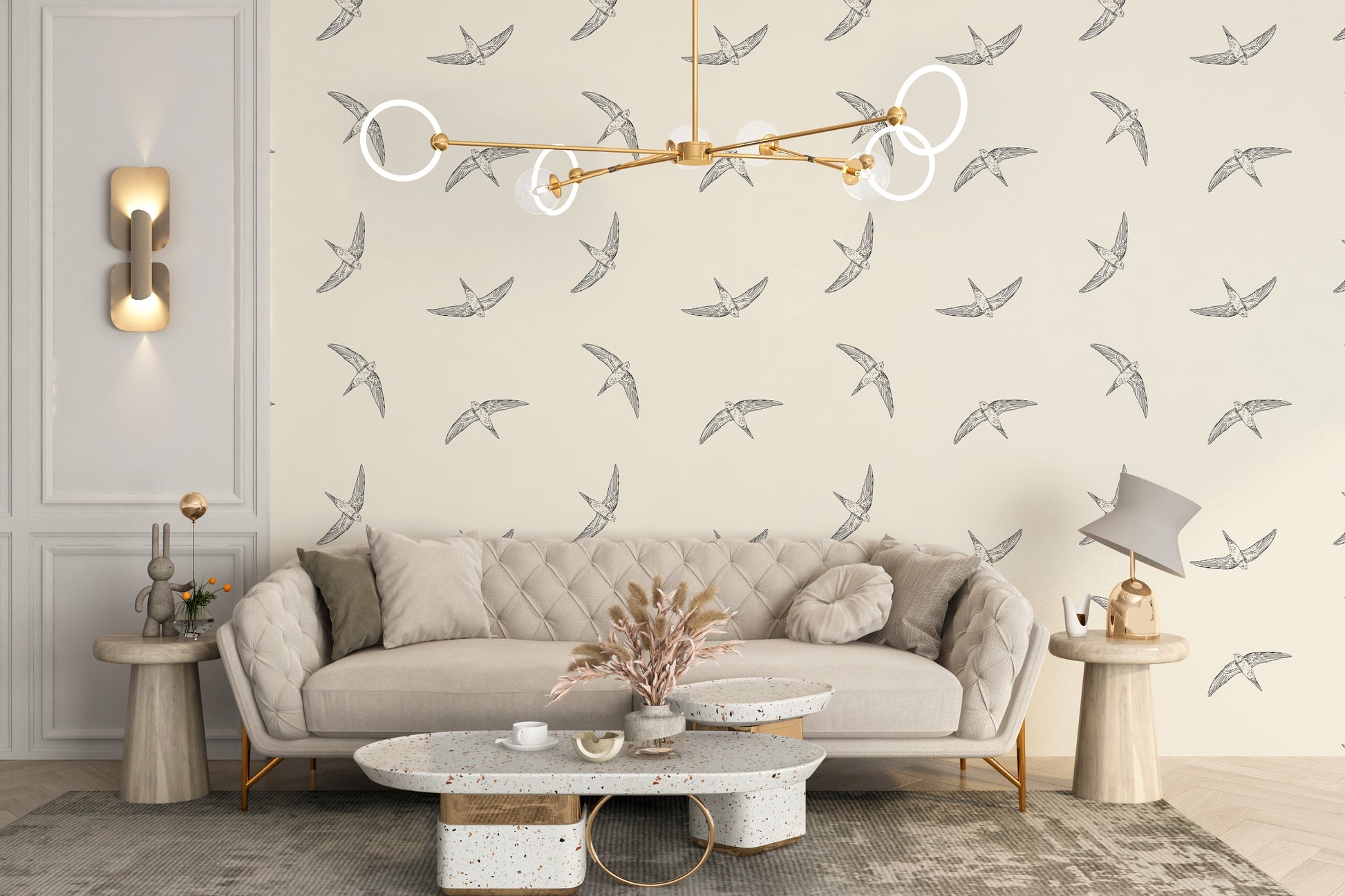 Beige-toned bird mural wallpaper for decor
