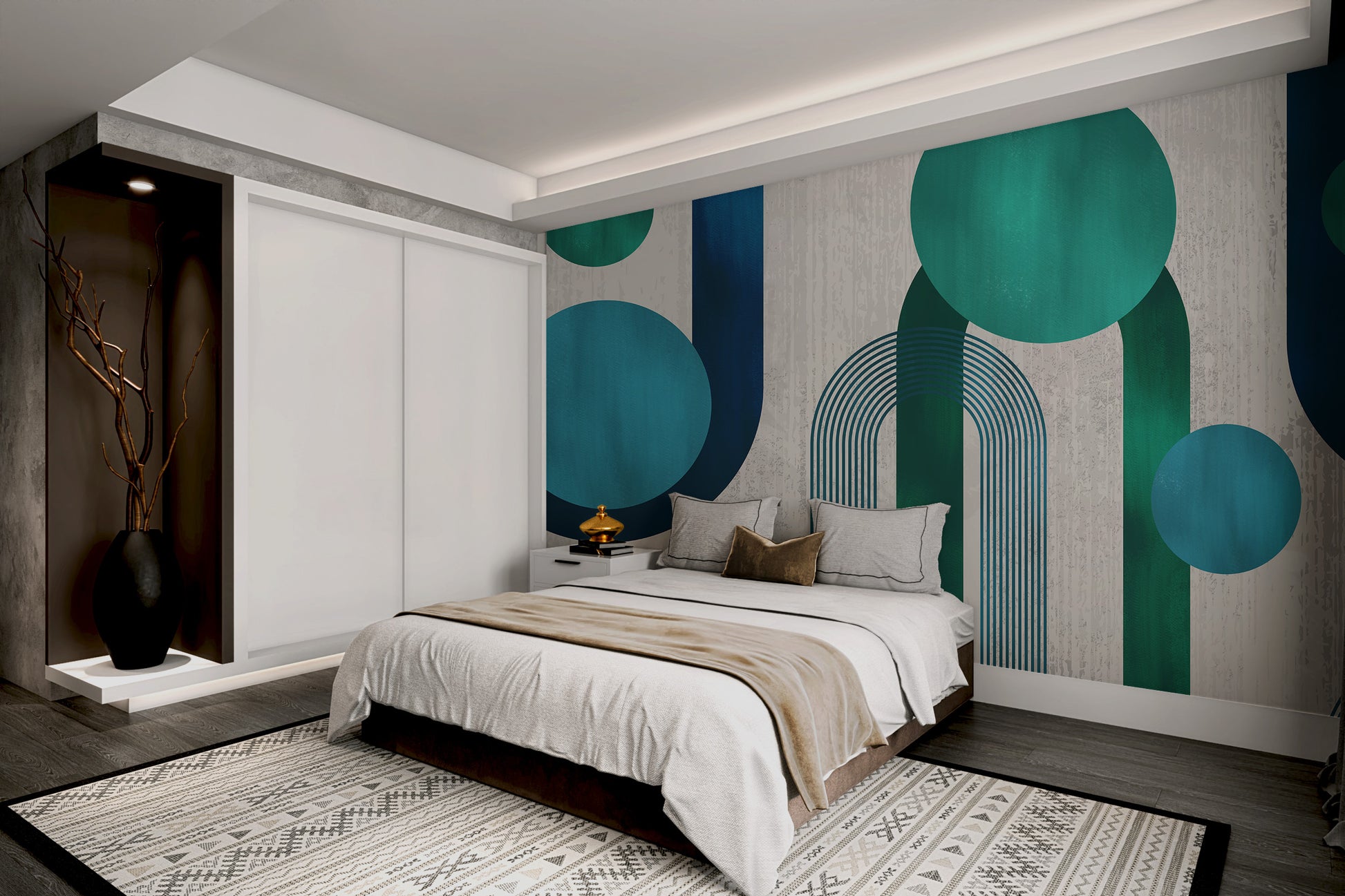 Minimalist geometric wall covering with curved lines
