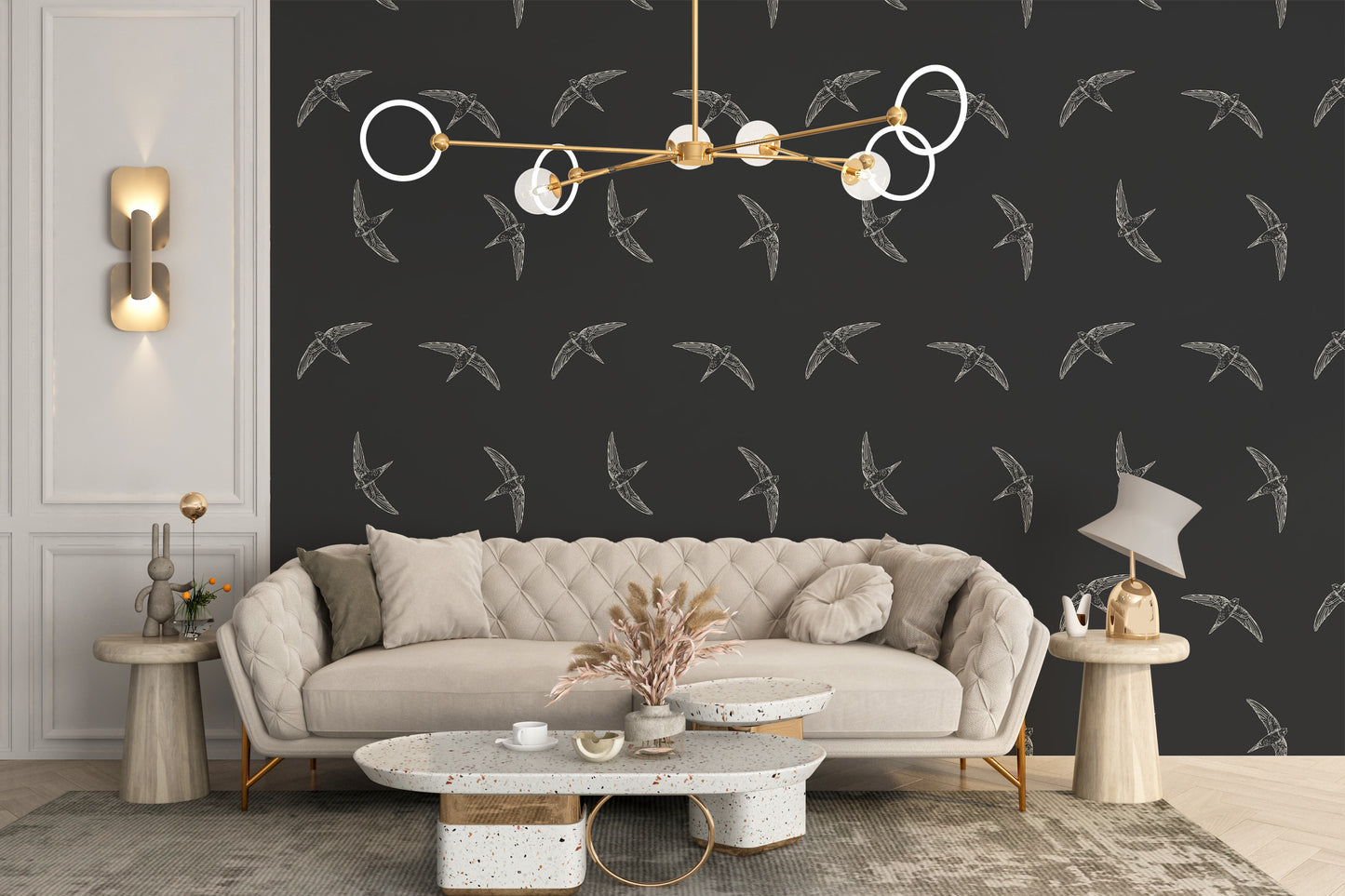 Midnight bird mural with swallow accents
