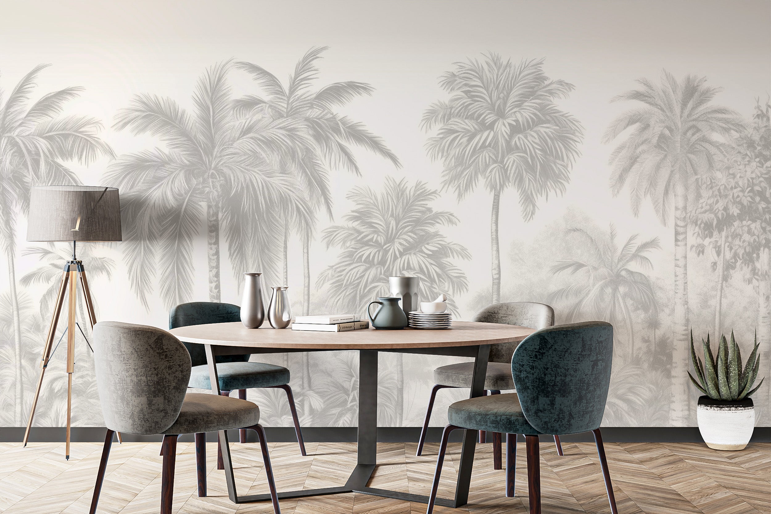 Elegant palm trees mural in beige for tranquil spaces
