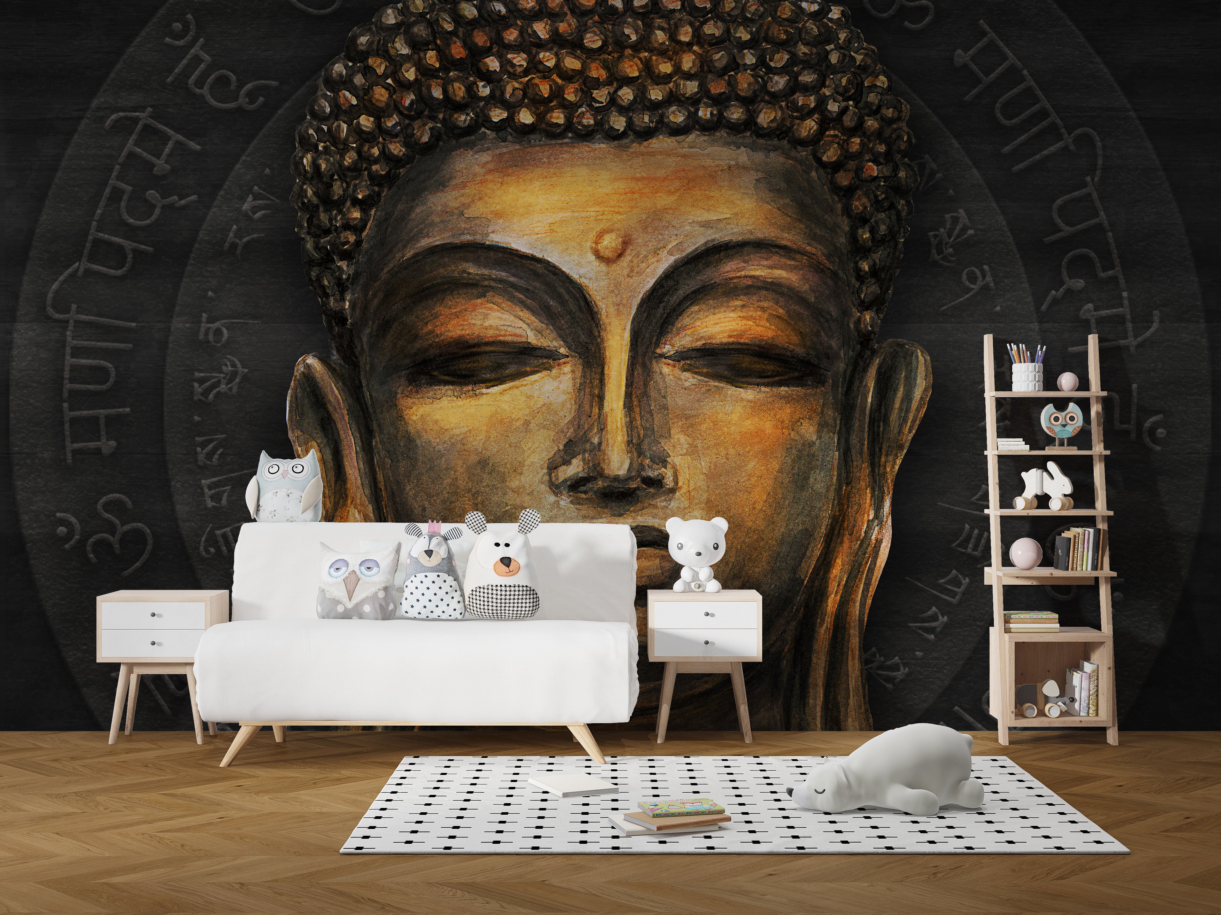 Serene golden Buddha mural for relaxation
