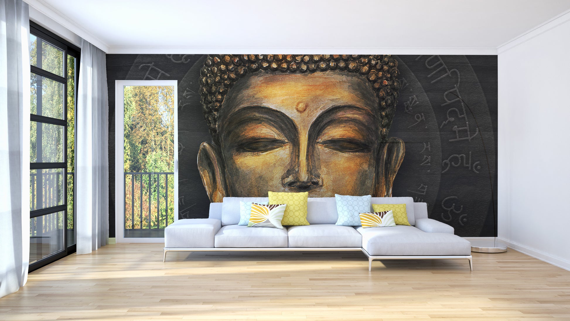 Golden Buddha wall mural for calming vibes
