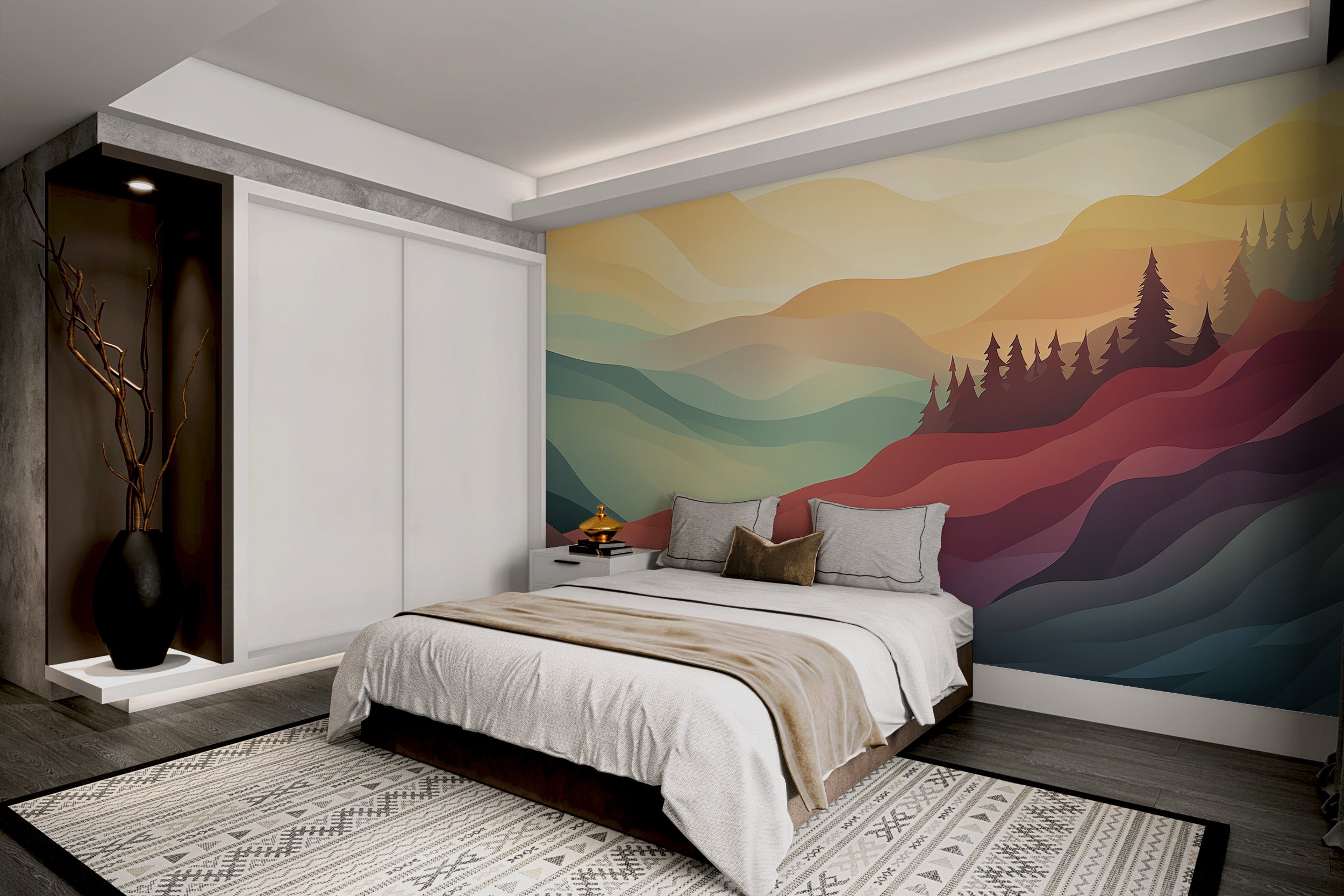 Minimalist nature-inspired wall mural with rolling hills
