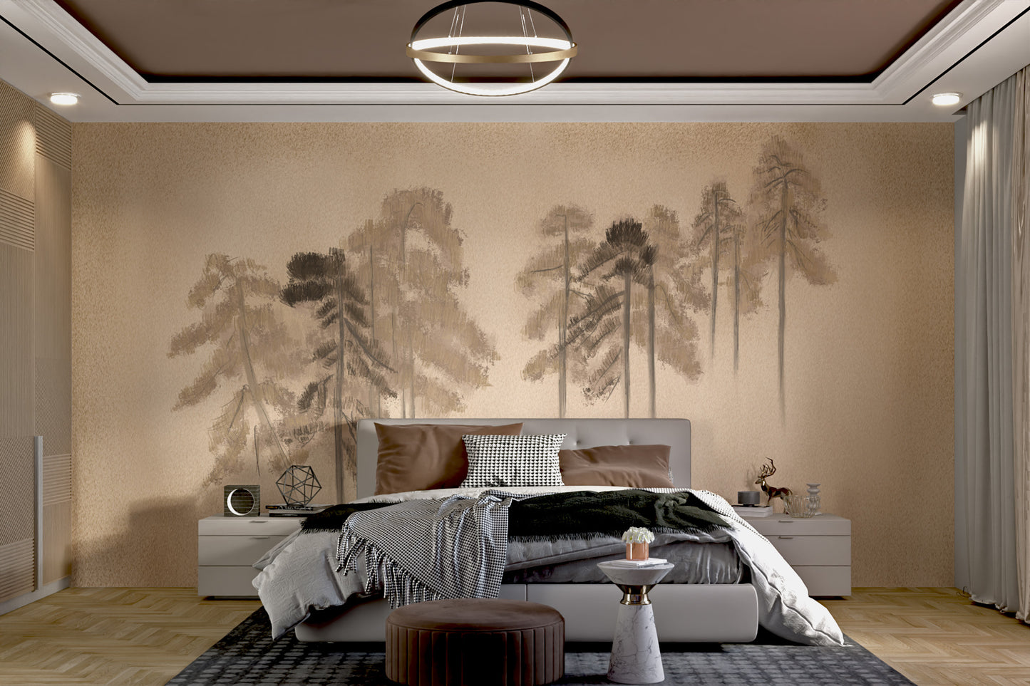 Dark grunge-style mural with pine forest silhouettes