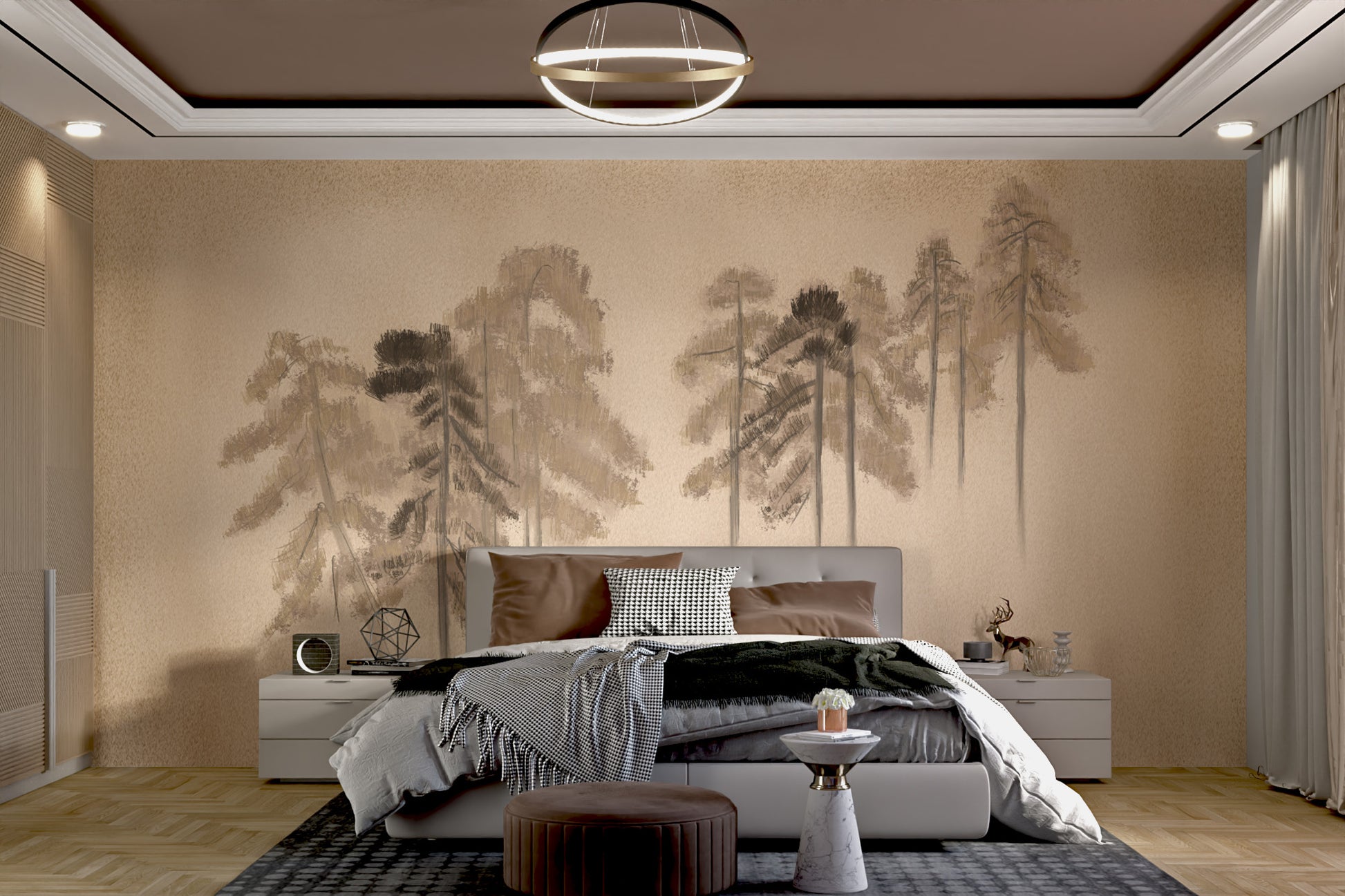 Dark grunge-style mural with pine forest silhouettes