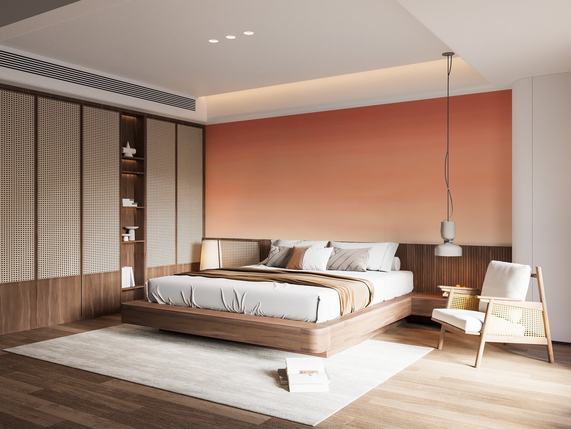 Modern ombre mural with smooth orange color transitions
