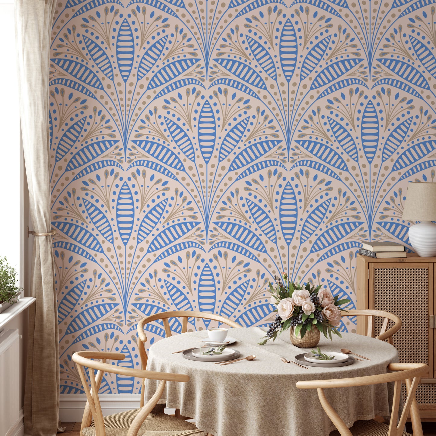 Luxurious Art Deco wallpaper featuring blue palm leaves
