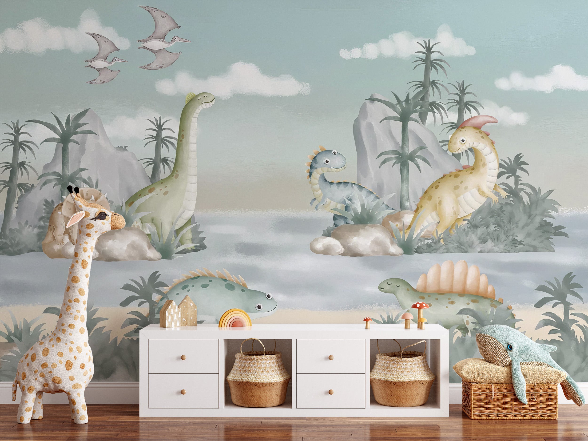 Dinosaur-themed wall mural with a fun and lively design
