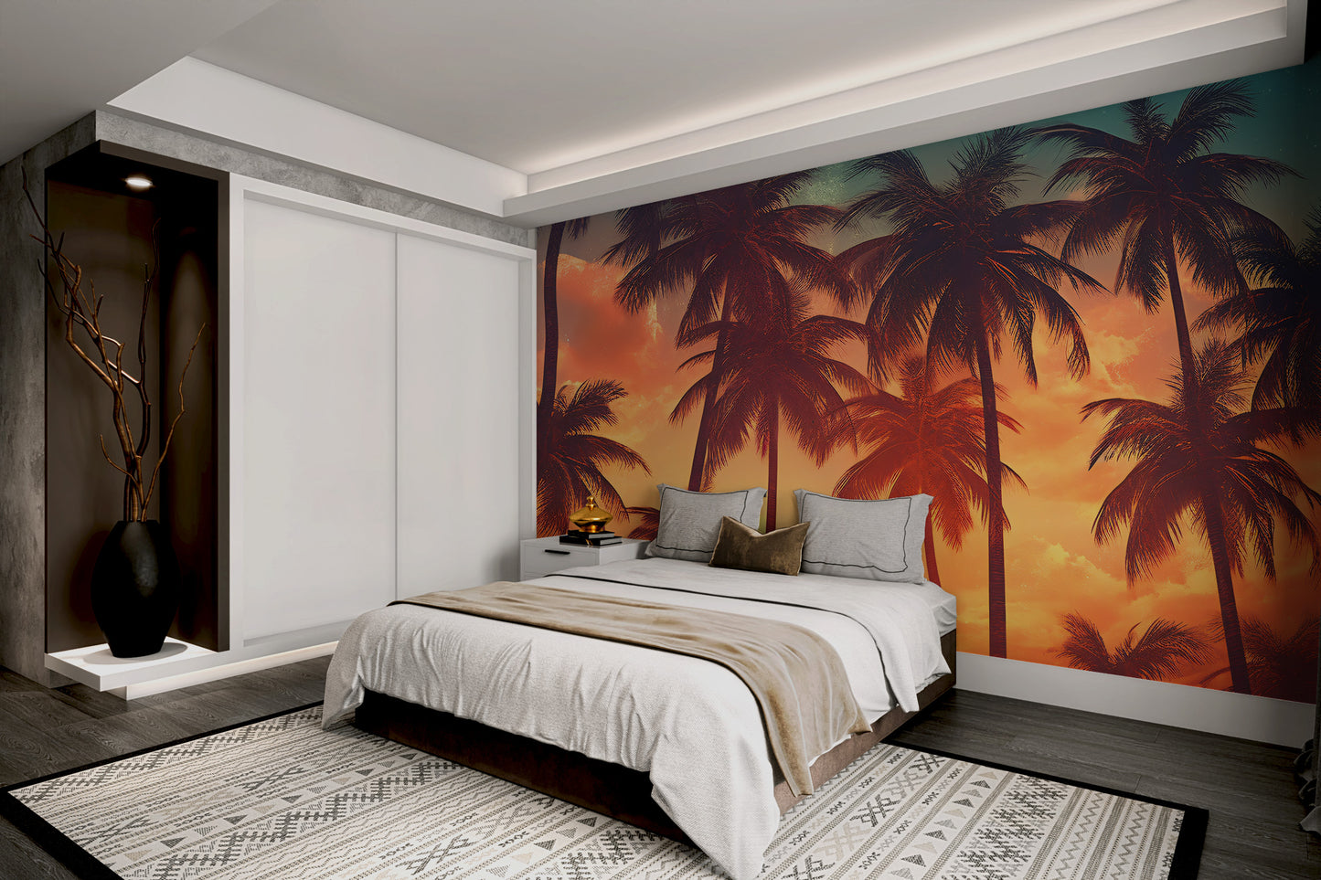 Summer beach palm tree wall mural with warm hues
