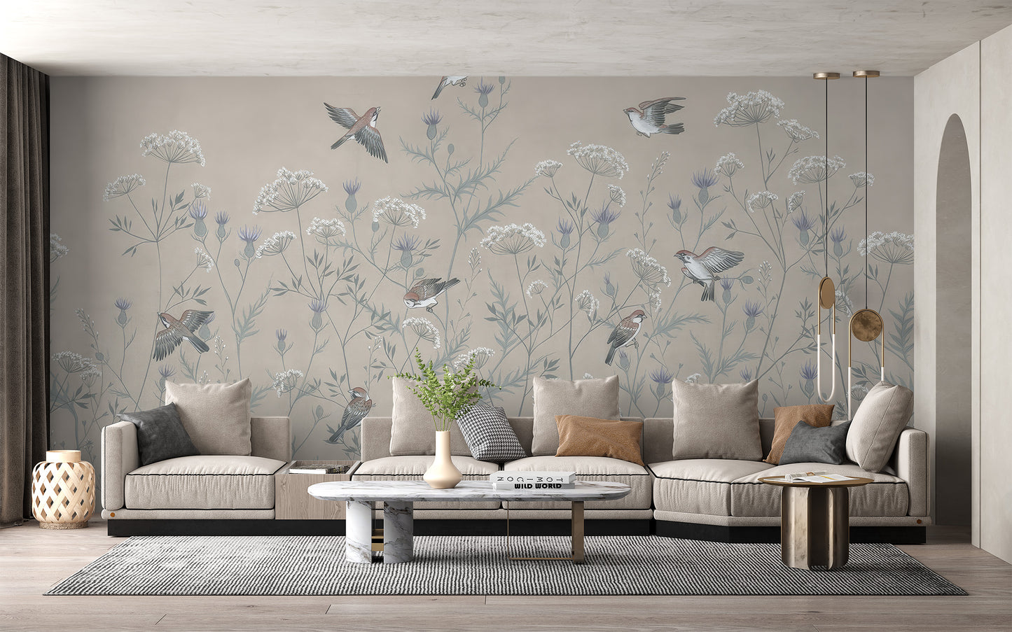 Room wallpaper featuring birds soaring through the sky