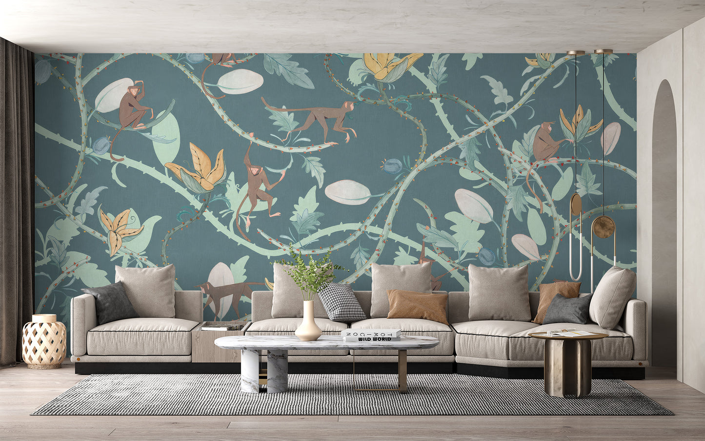 Room wallpaper featuring playful monkeys and jungle vibes