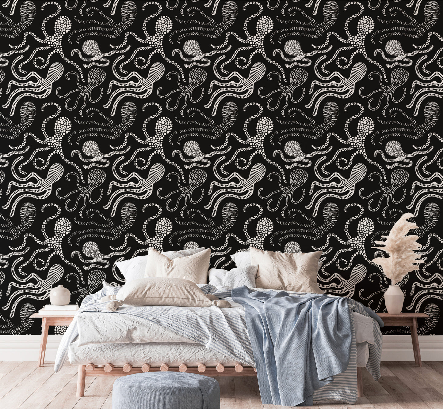 Octopus design wallpaper in Scandinavian black and white