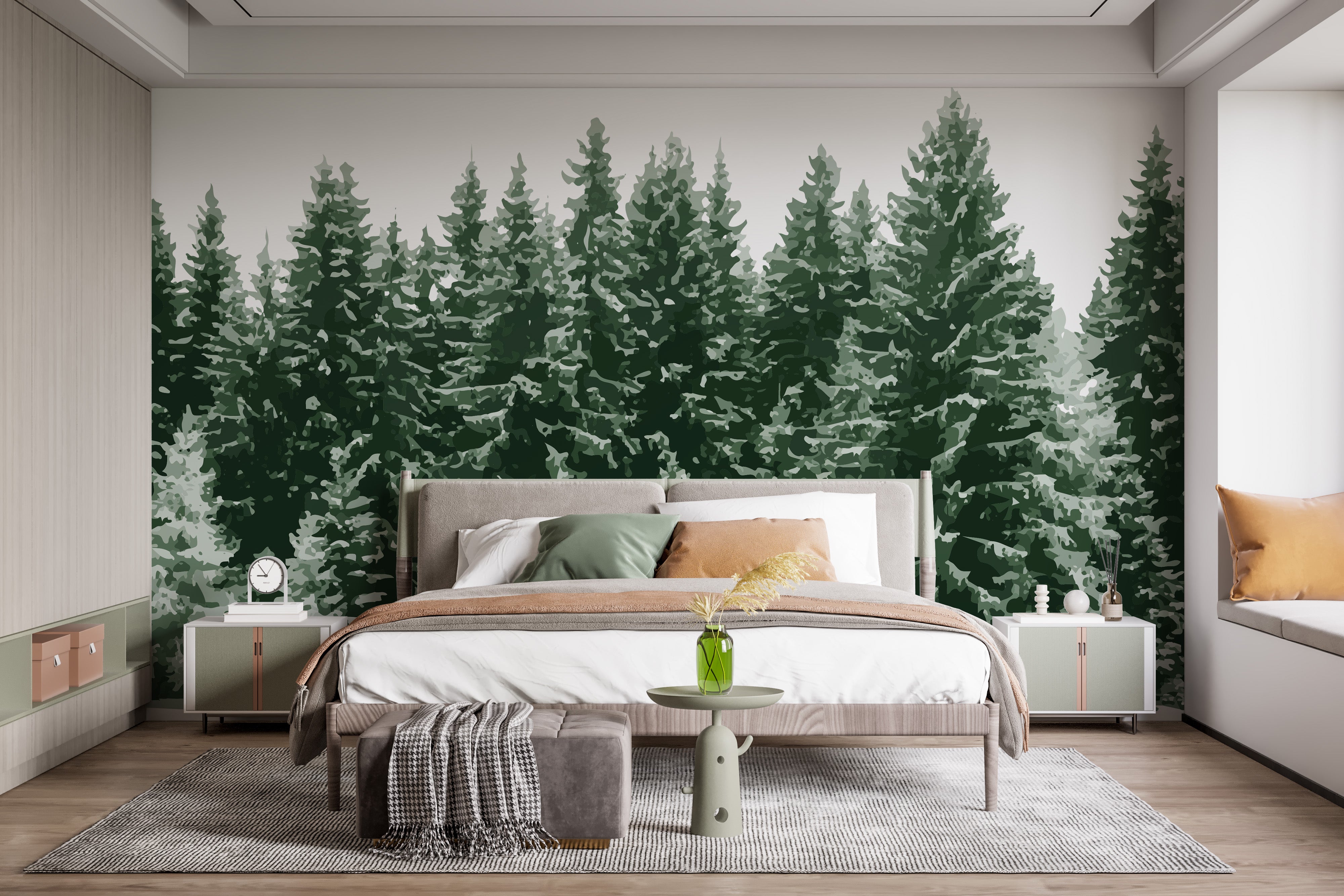 Dense palm forest mural with natural greenery
