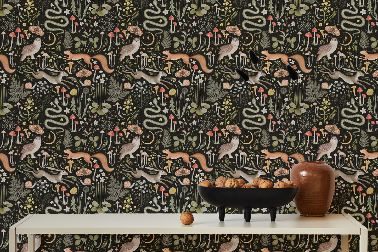 Whimsical forest wallpaper with fairies and dark tones