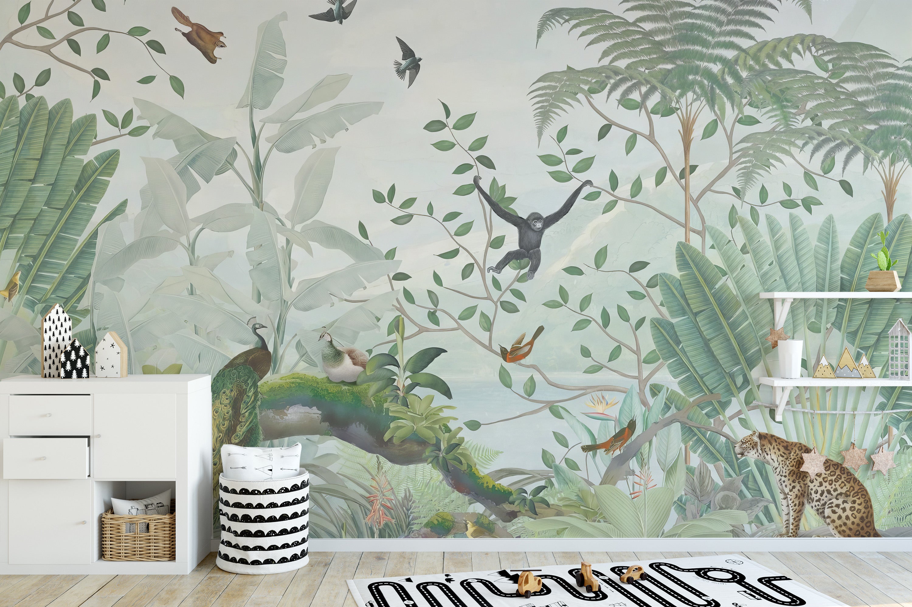 Tropical jungle wallpaper with adorable animal illustrations
