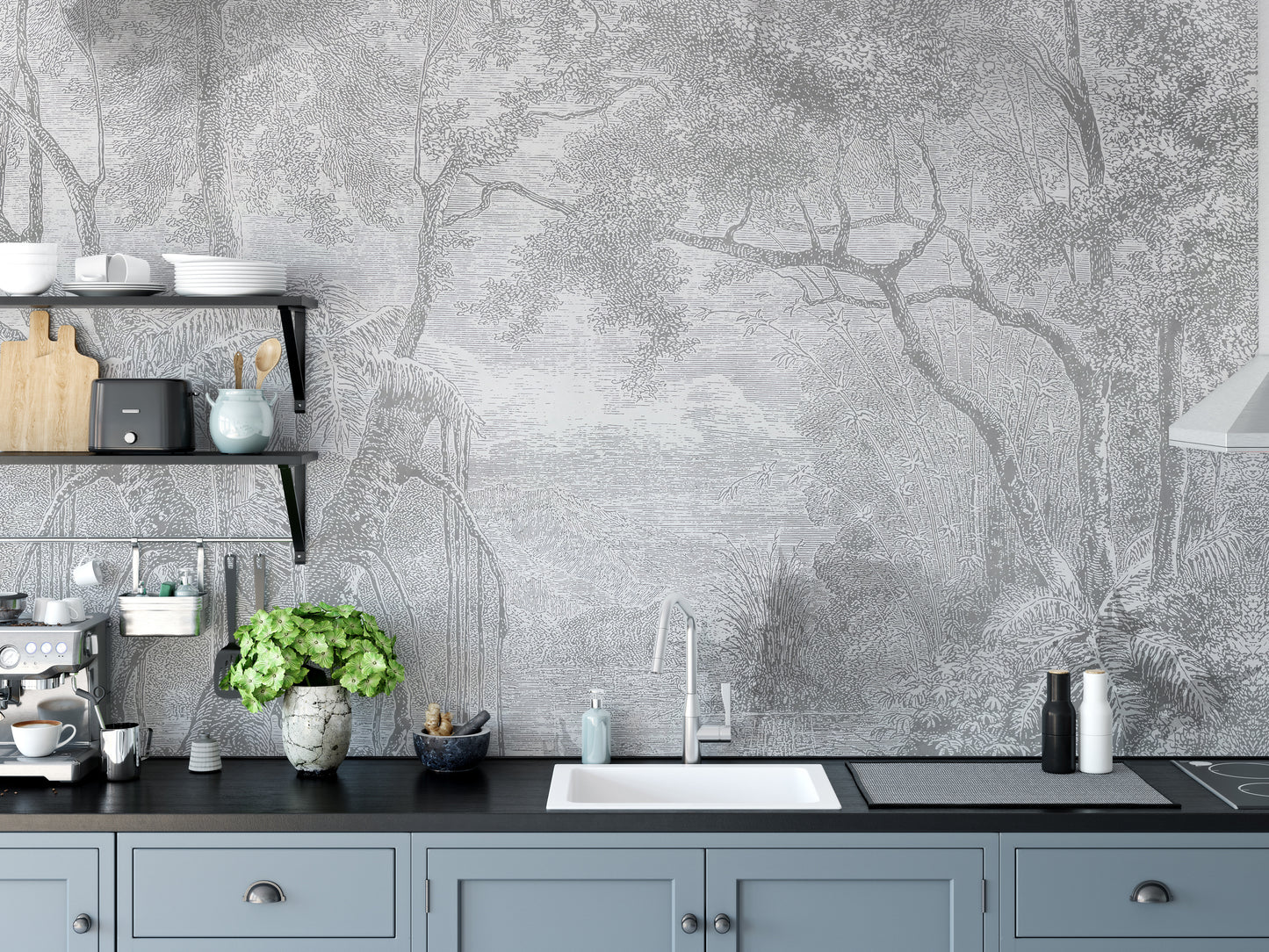 Monochrome Grey Sketch of Forest Nature Wallpaper