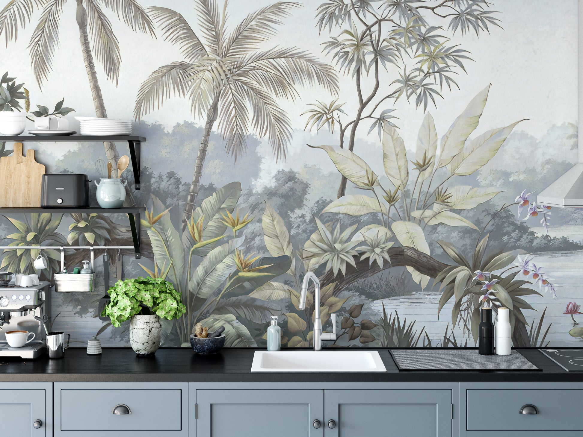 Vibrant forest mural with tropical details.



