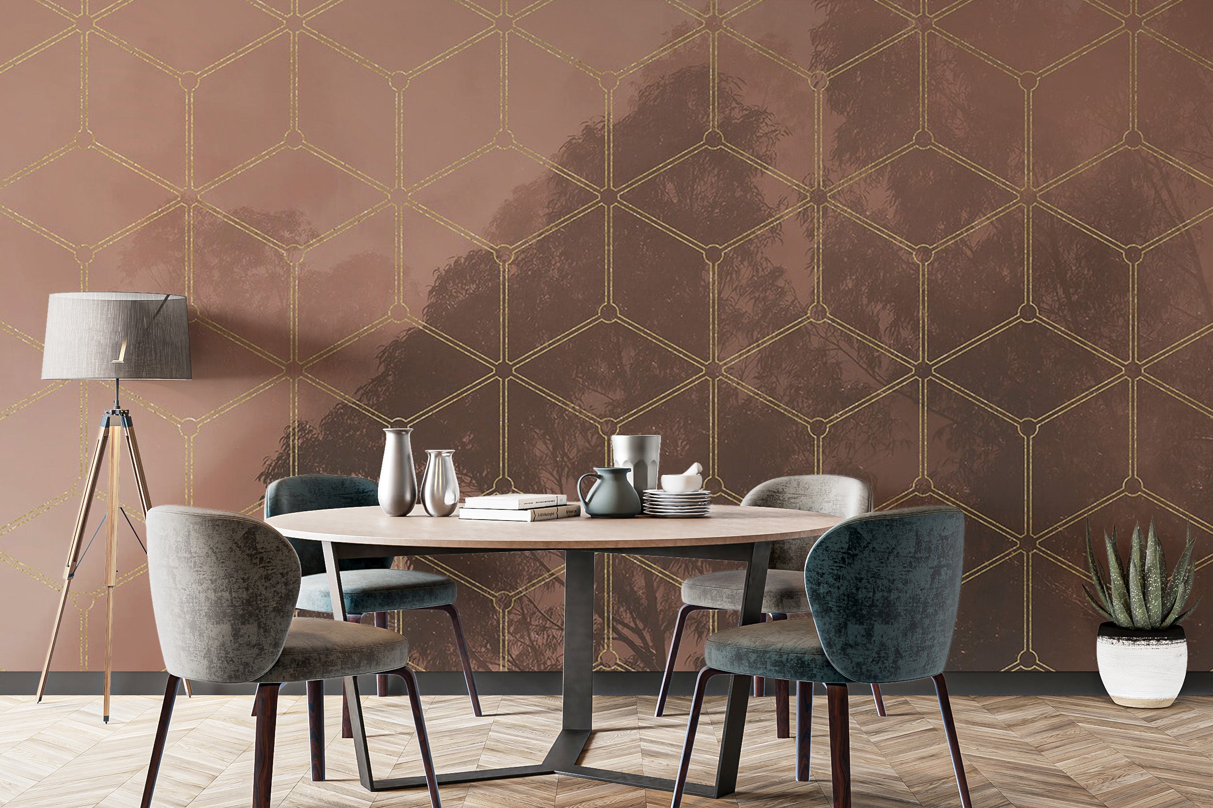 Beautiful golden geometric forest wallpaper for a sleek look
