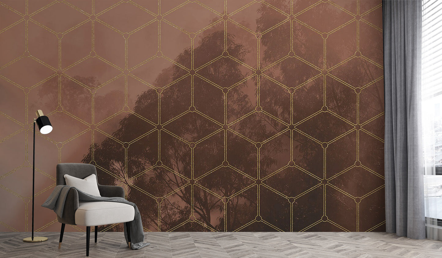 Artistic golden geometric forest mural for creative rooms
