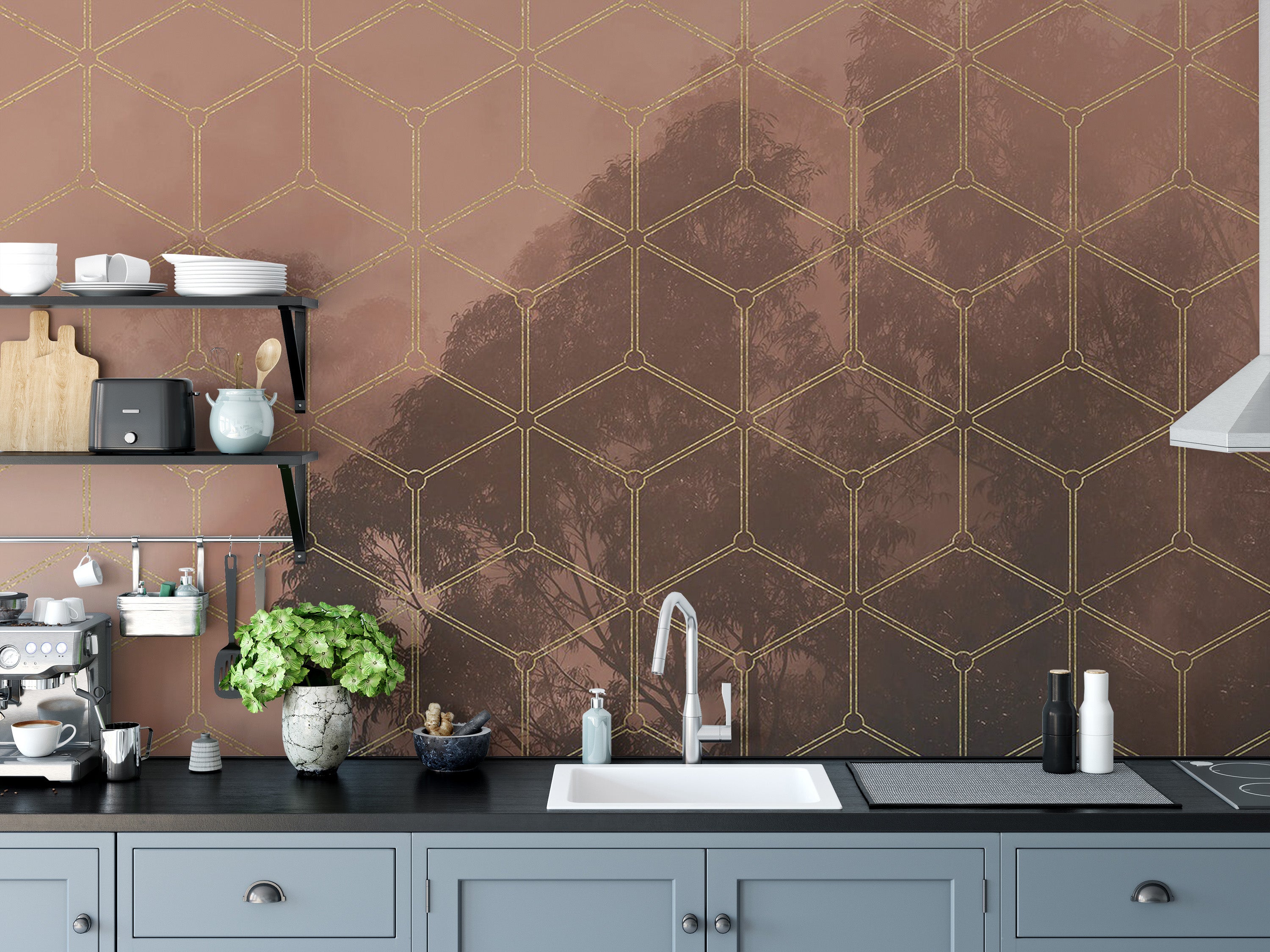 Stunning golden geometric forest mural for unique decor
