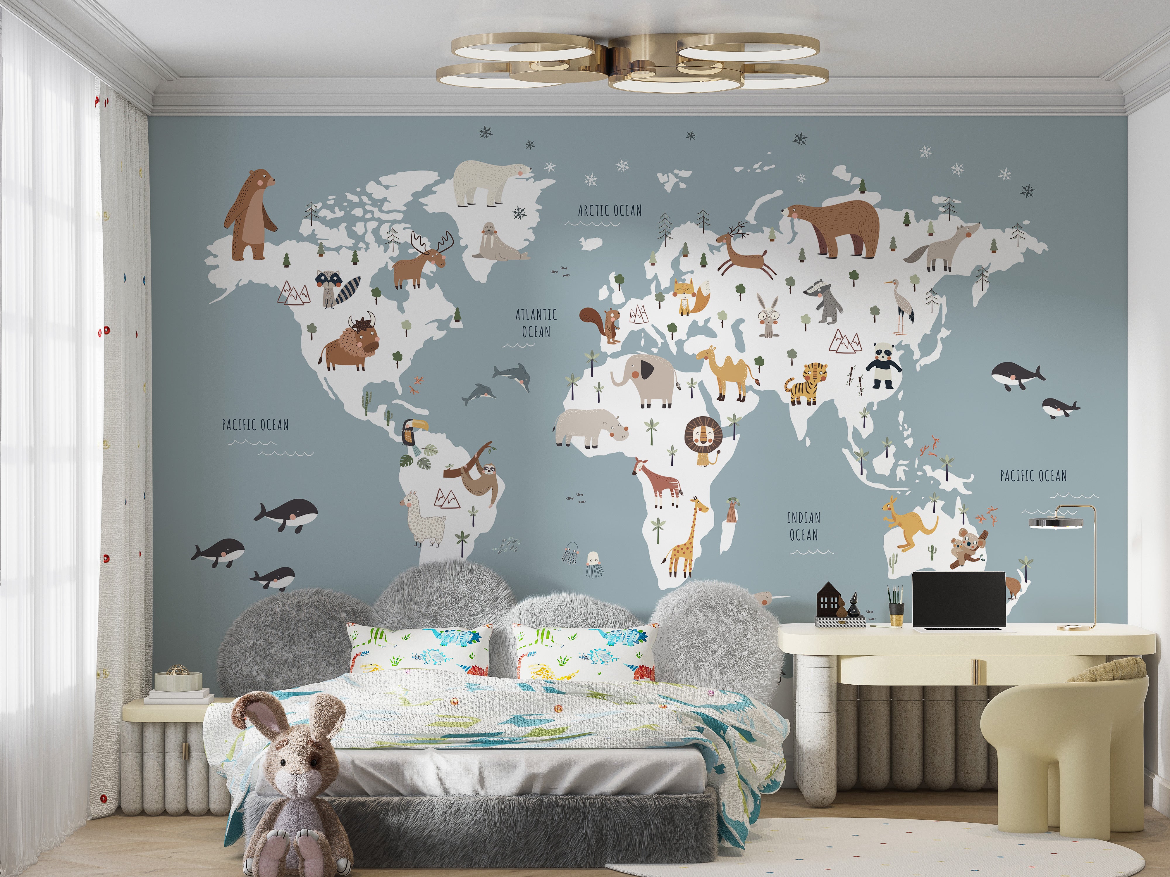 World map mural featuring animals in a blue color theme
