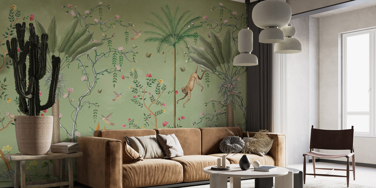 Green tropical chinoiserie mural for a chic room vibe
