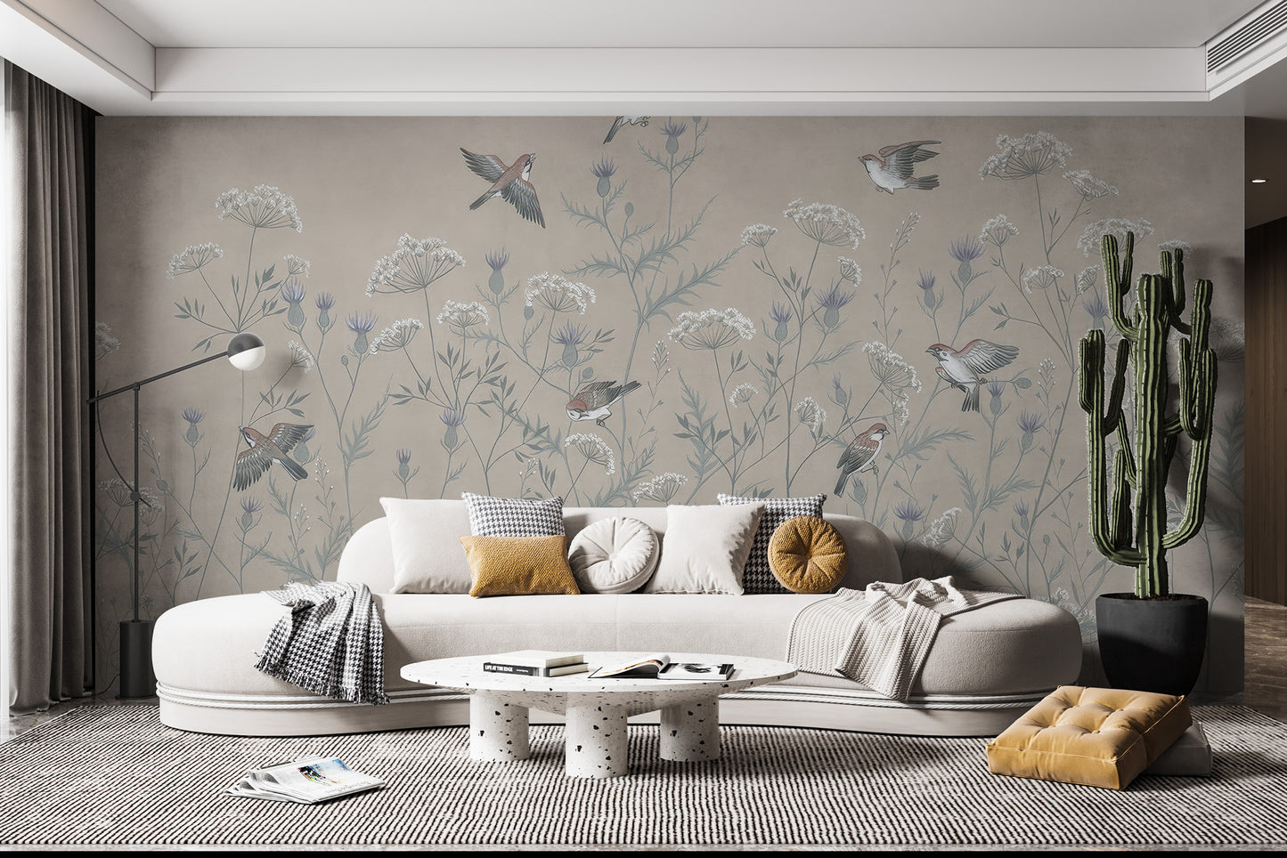 Whimsical soaring birds mural for peaceful and airy decor