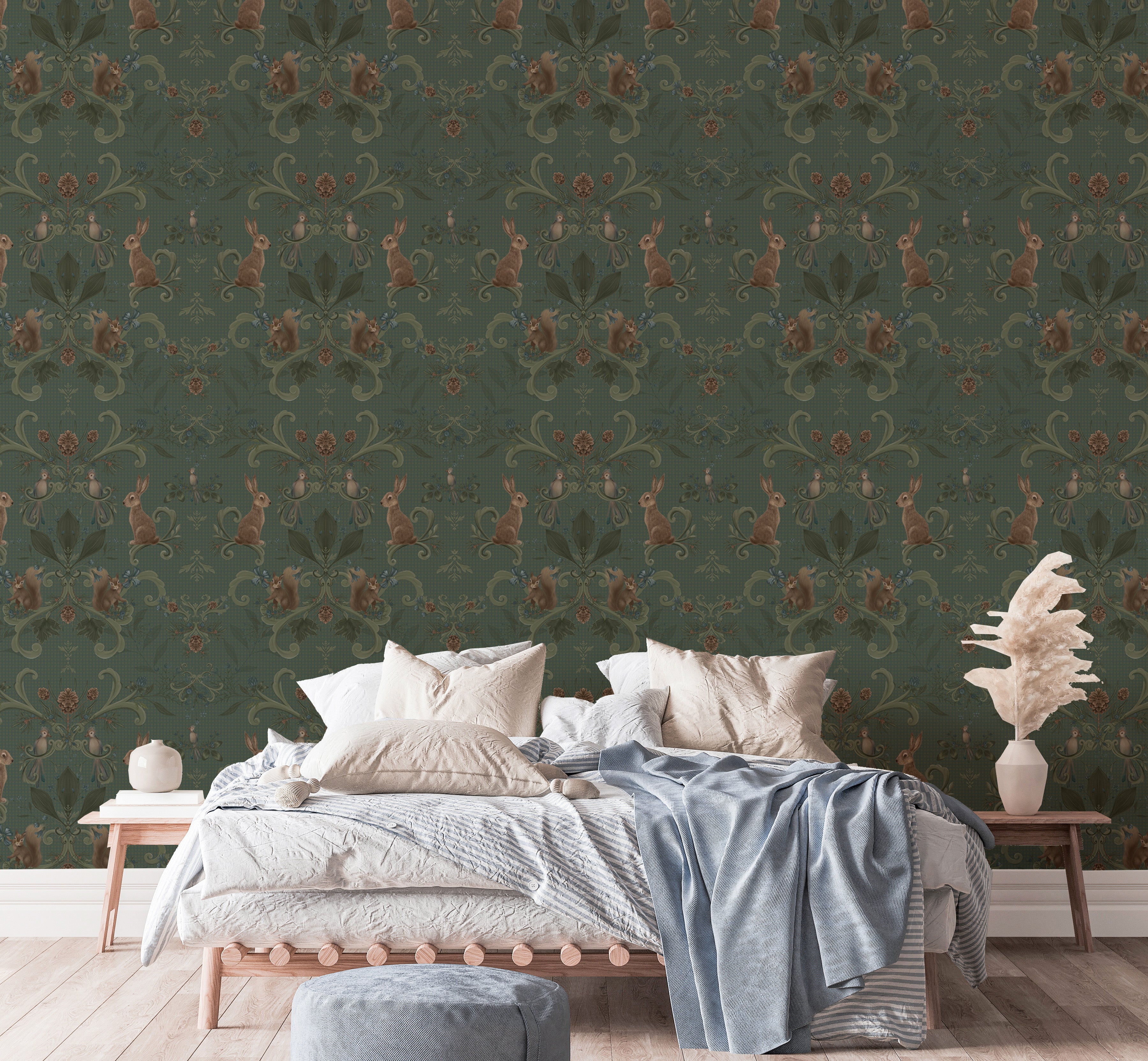 Green wallpaper showcasing Victorian forest animals