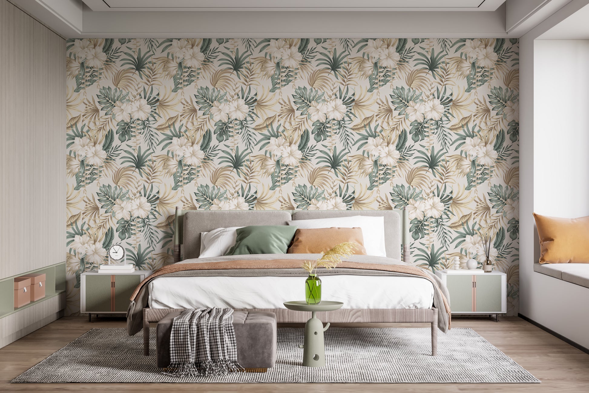 Artistic tropical leaf wall mural style
