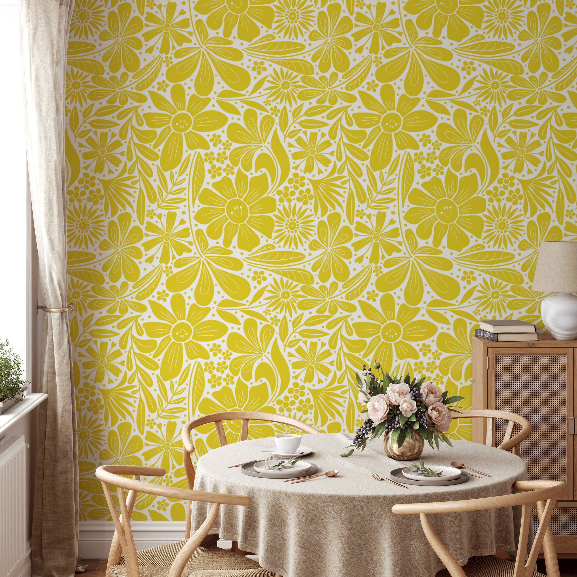 Happy blooms floral motif wallpaper in warm yellow shades
