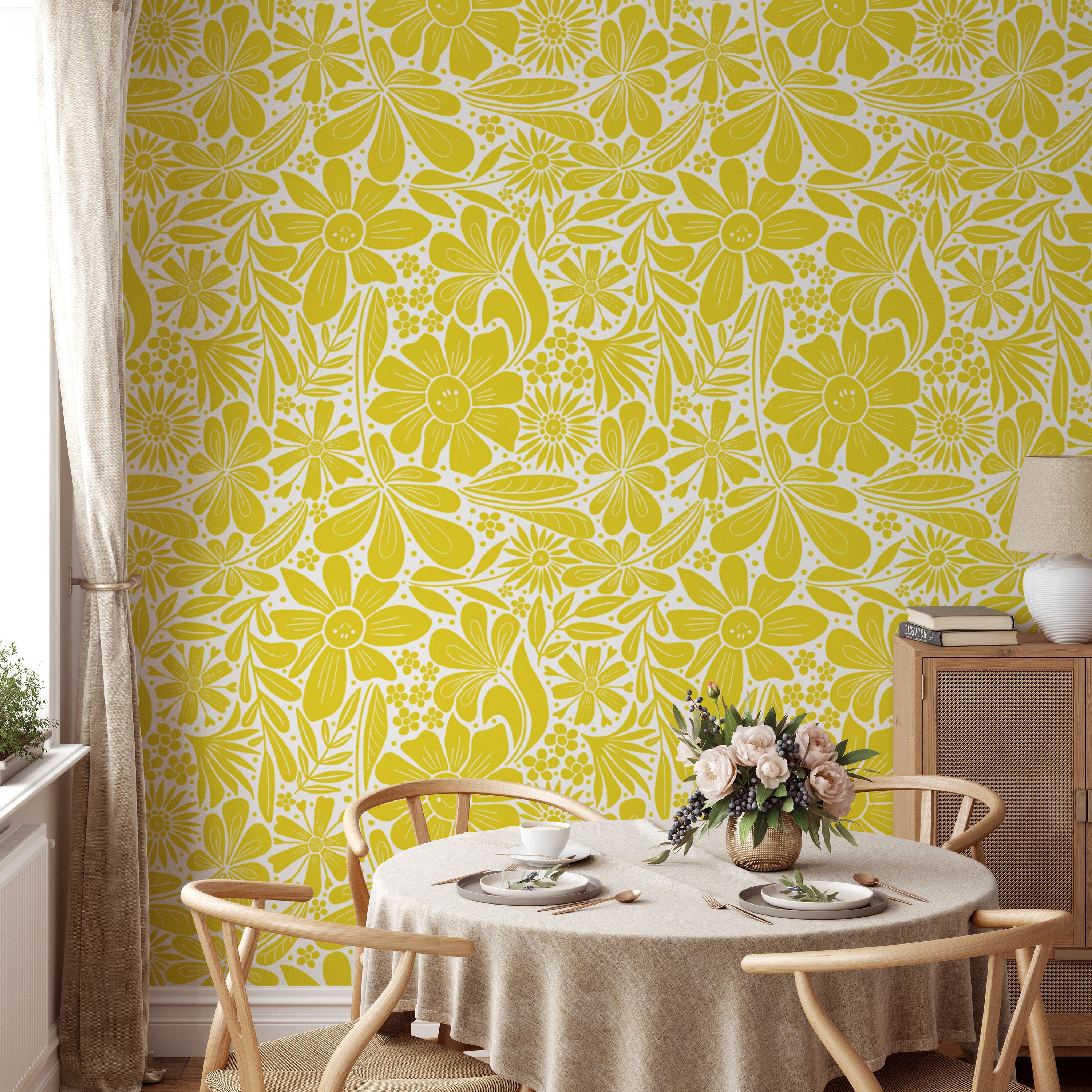 Happy blooms floral motif wallpaper in warm yellow shades
