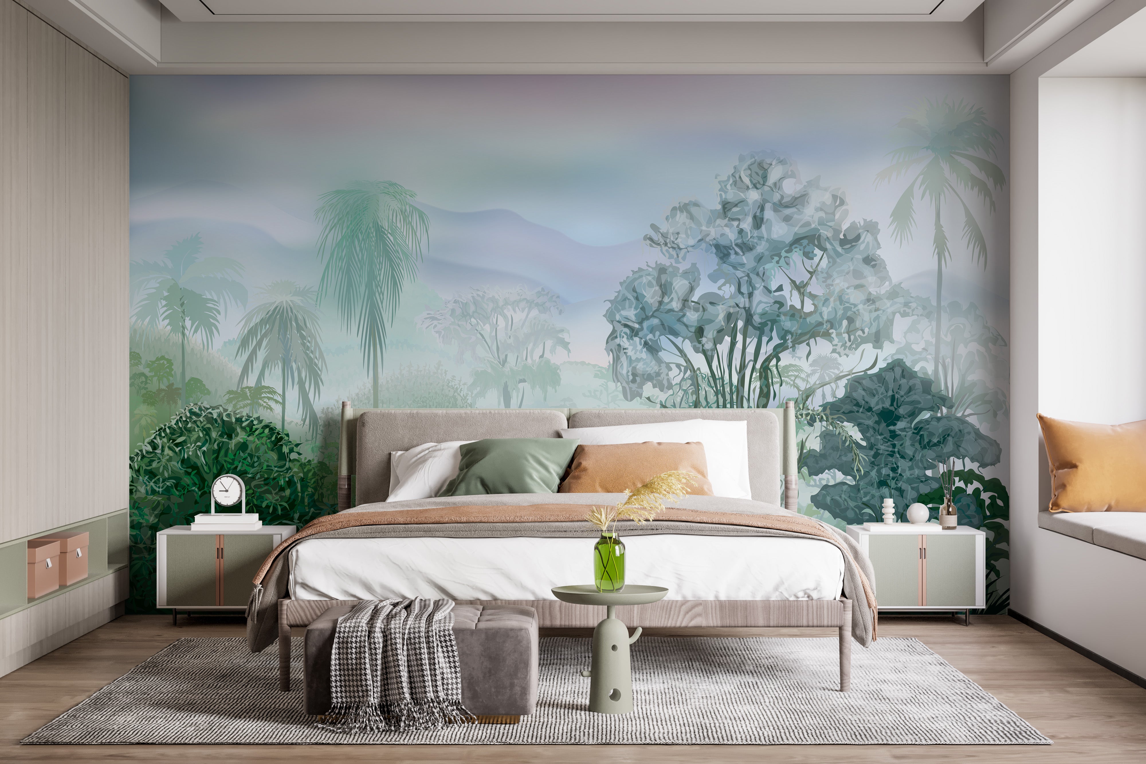 Lush rainforest mural with tropical greenery
