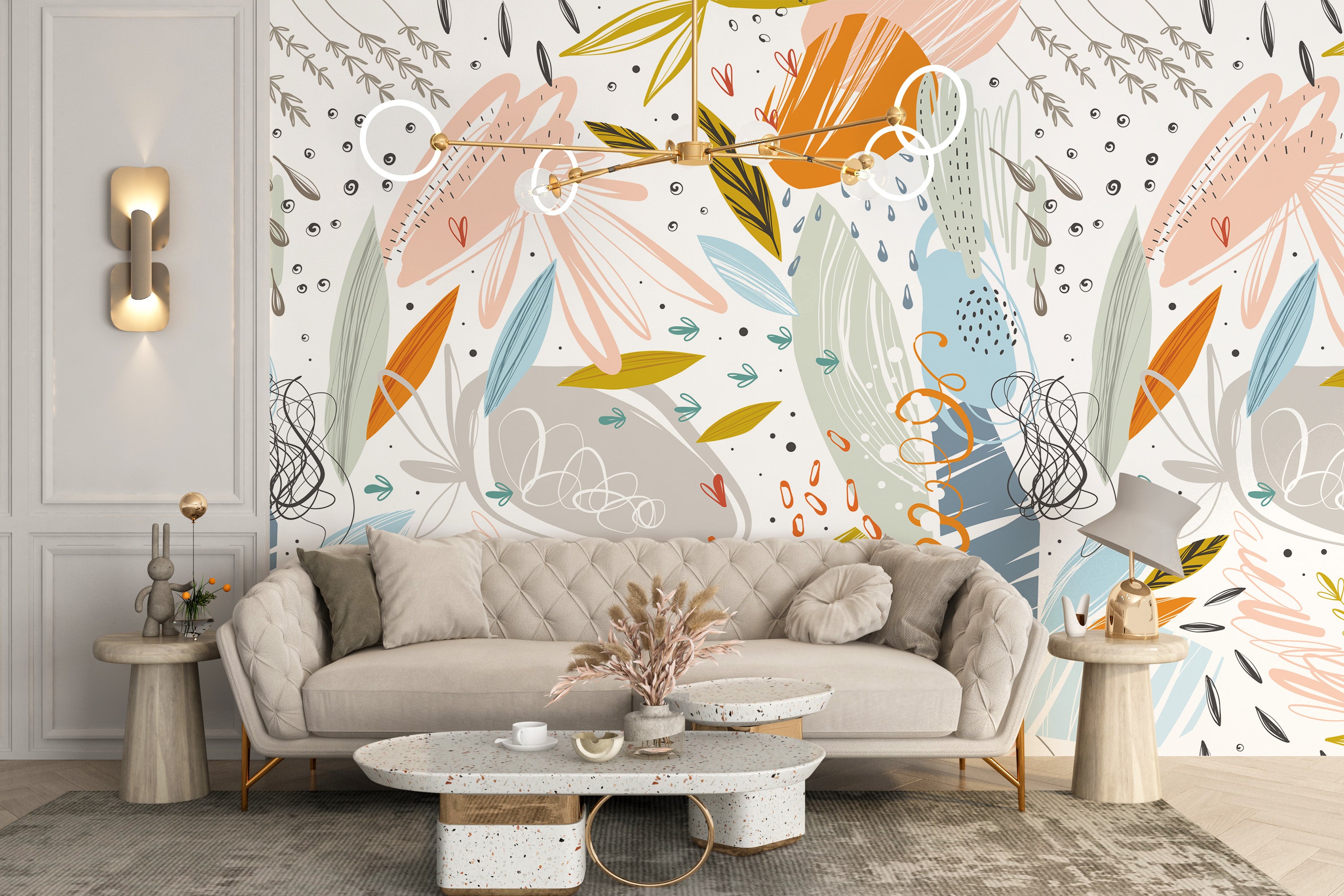 Colorful sketch leaf mural for walls
