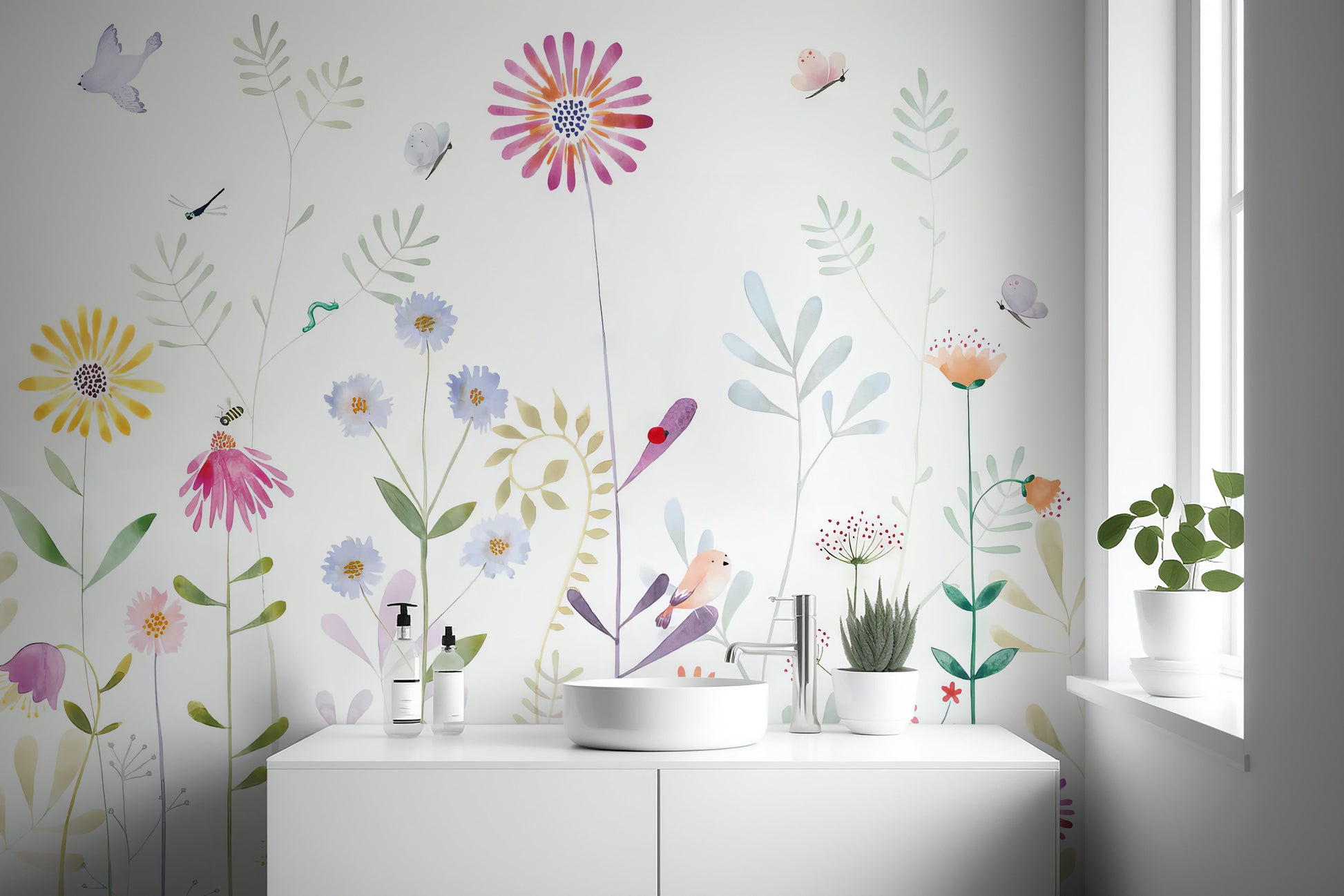 Peel and stick bright flowers wallpaper for walls