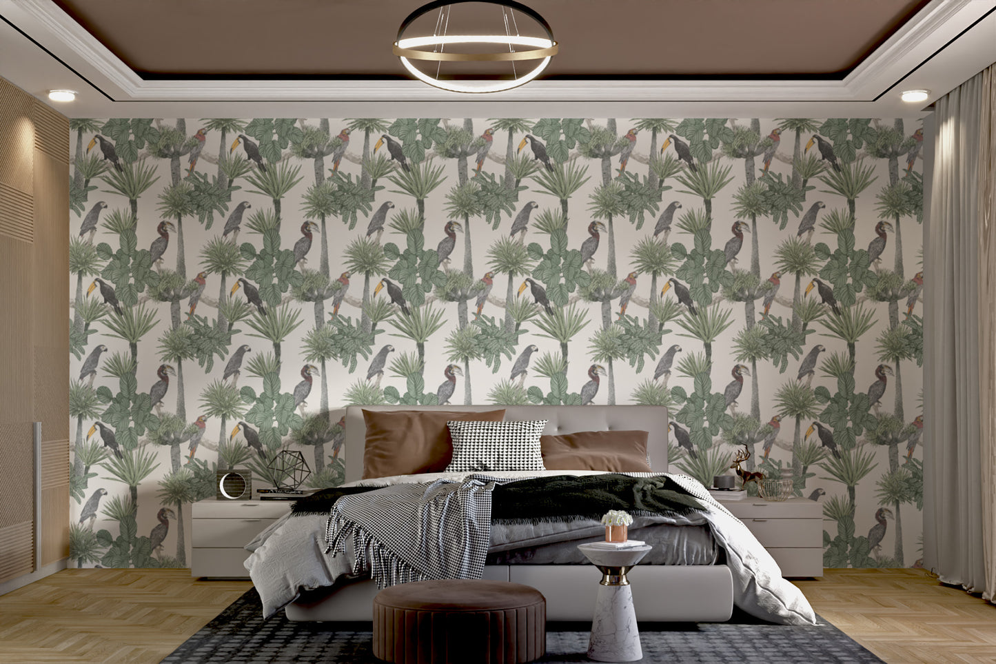 Artistic toucan and tropical leaves wall mural design