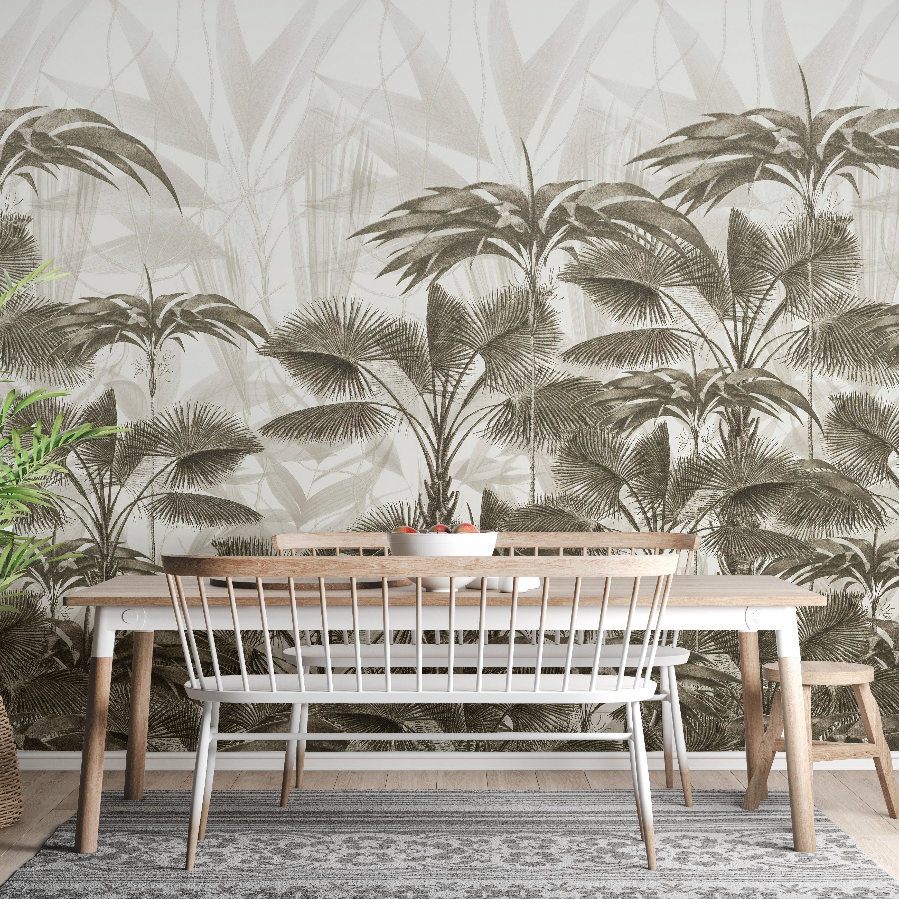 Tropical palm canopy mural with green tones.
