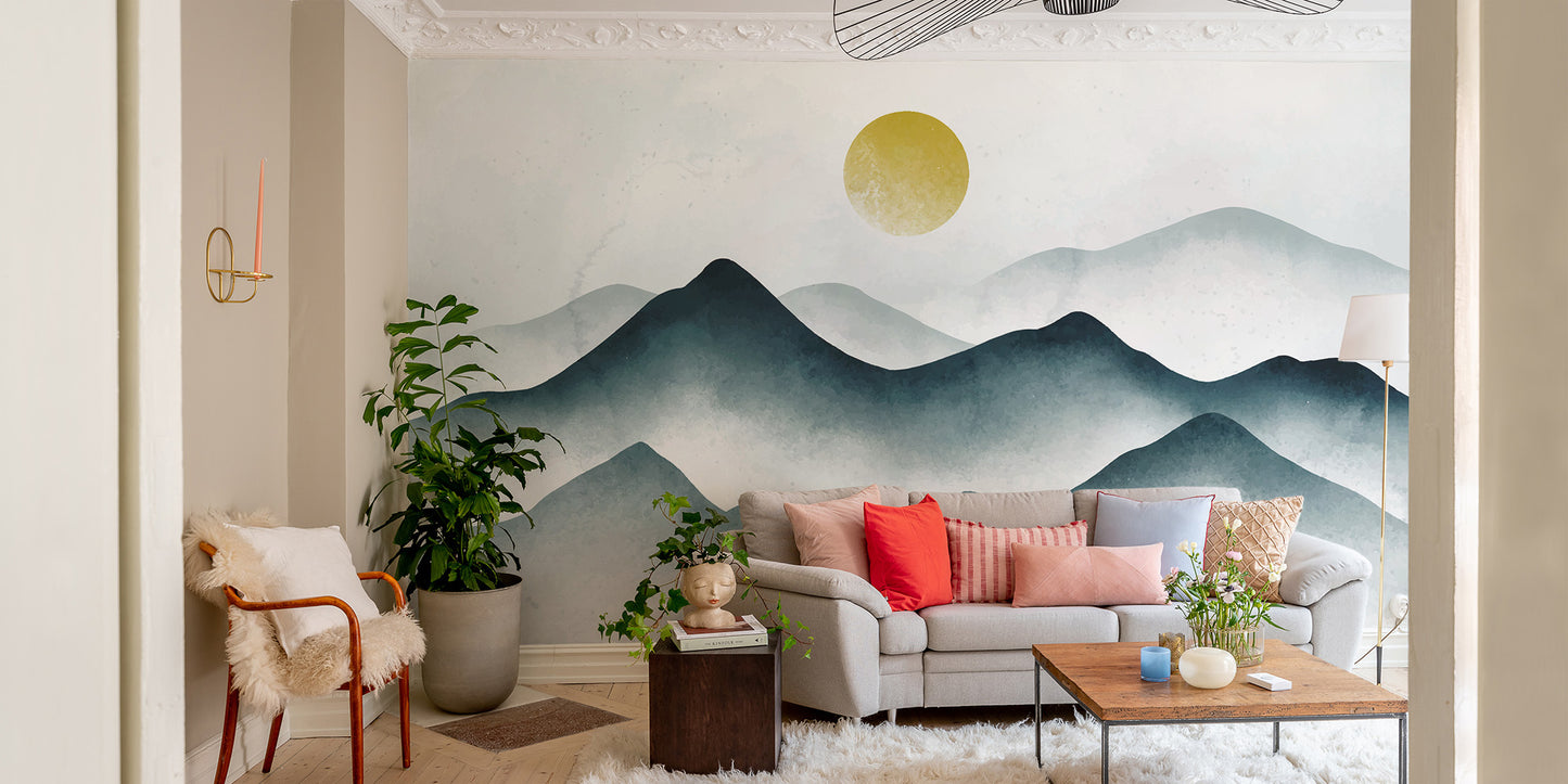 Watercolor misty mountain wallpaper with soft gray tones
