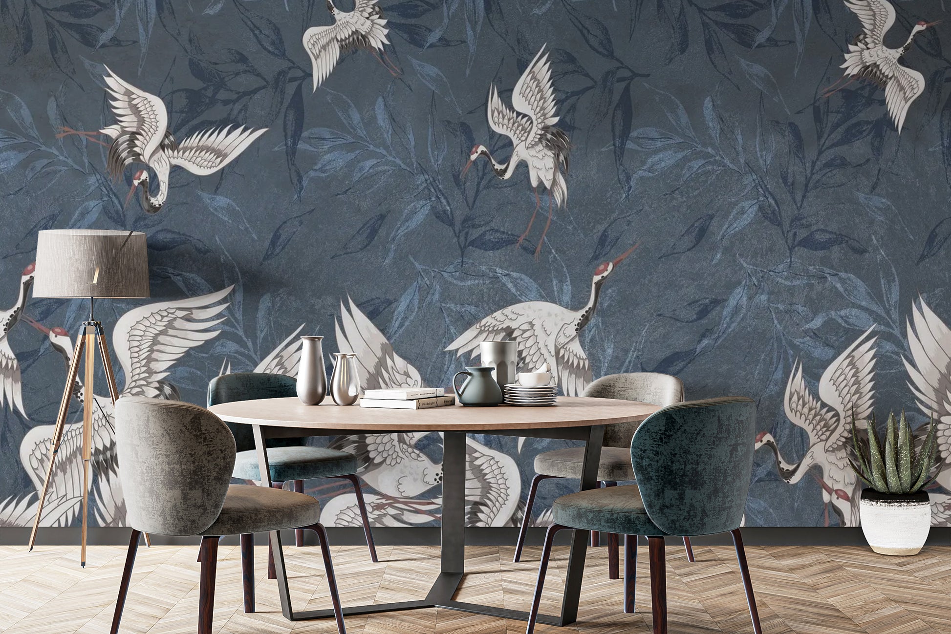 Unique blue crane mural with grunge leaves for walls
