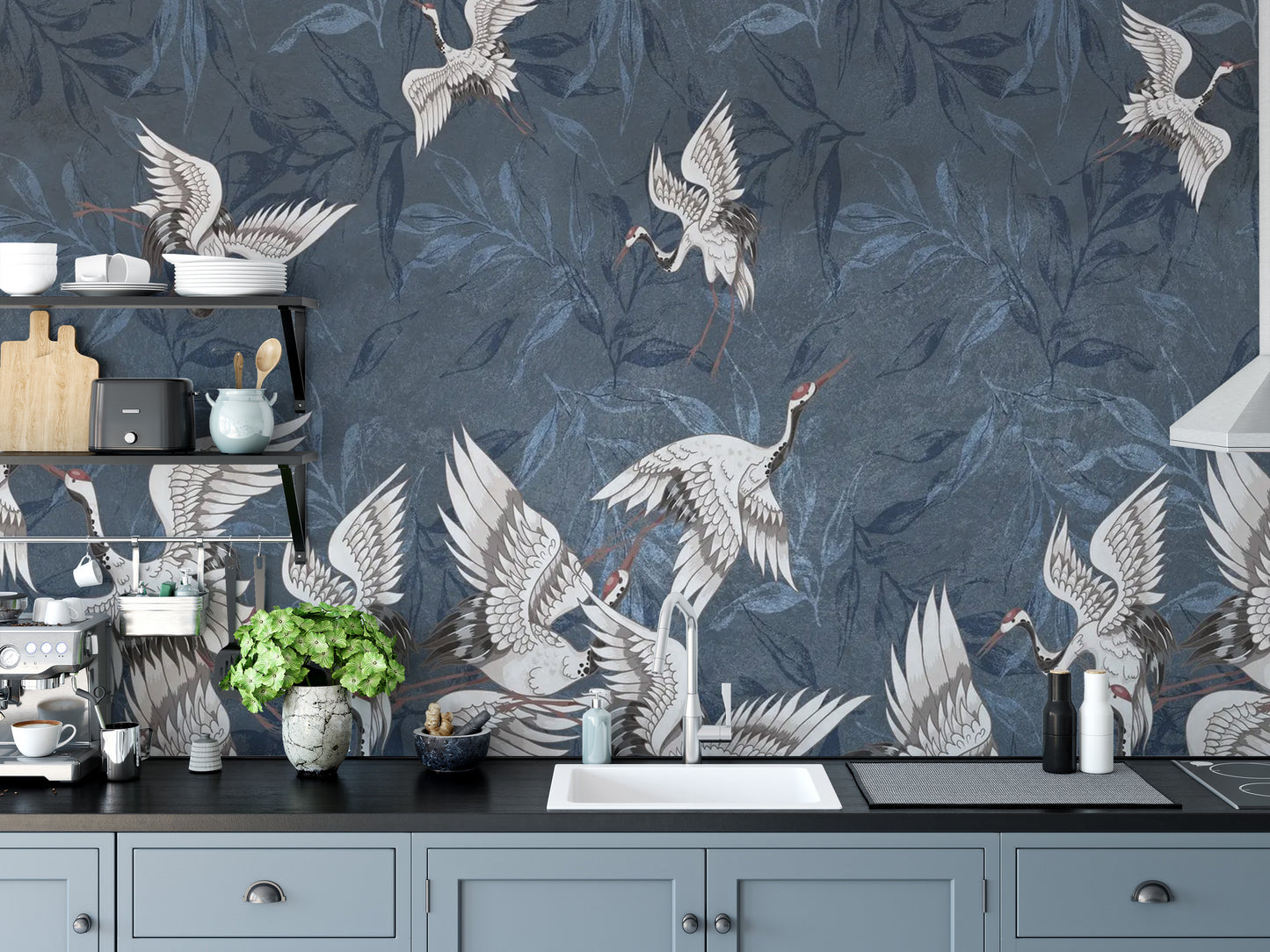 Crane and blue grunge leaves wallpaper for modern rooms
