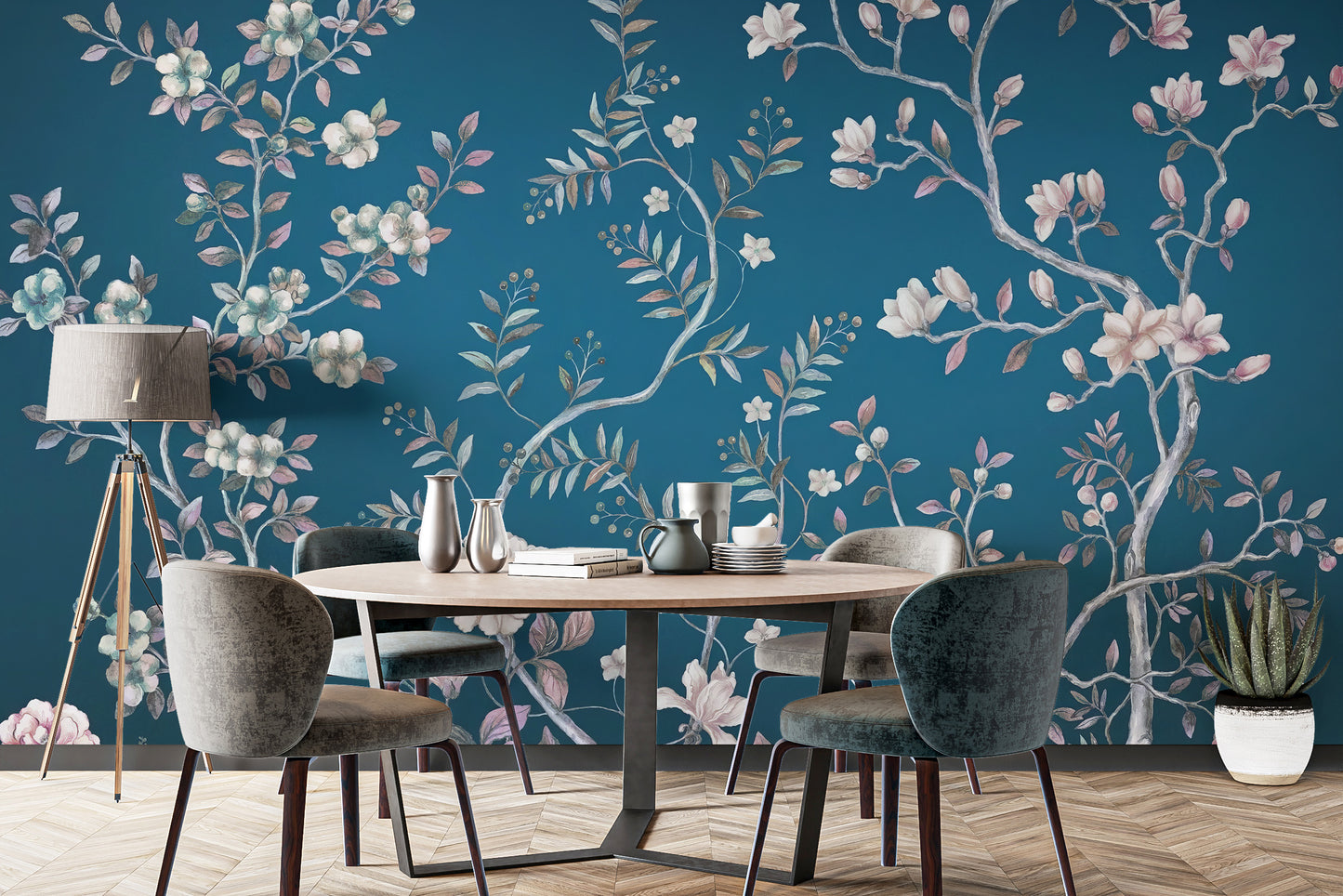 Tranquil blue chinoiserie mural for calming room decor
