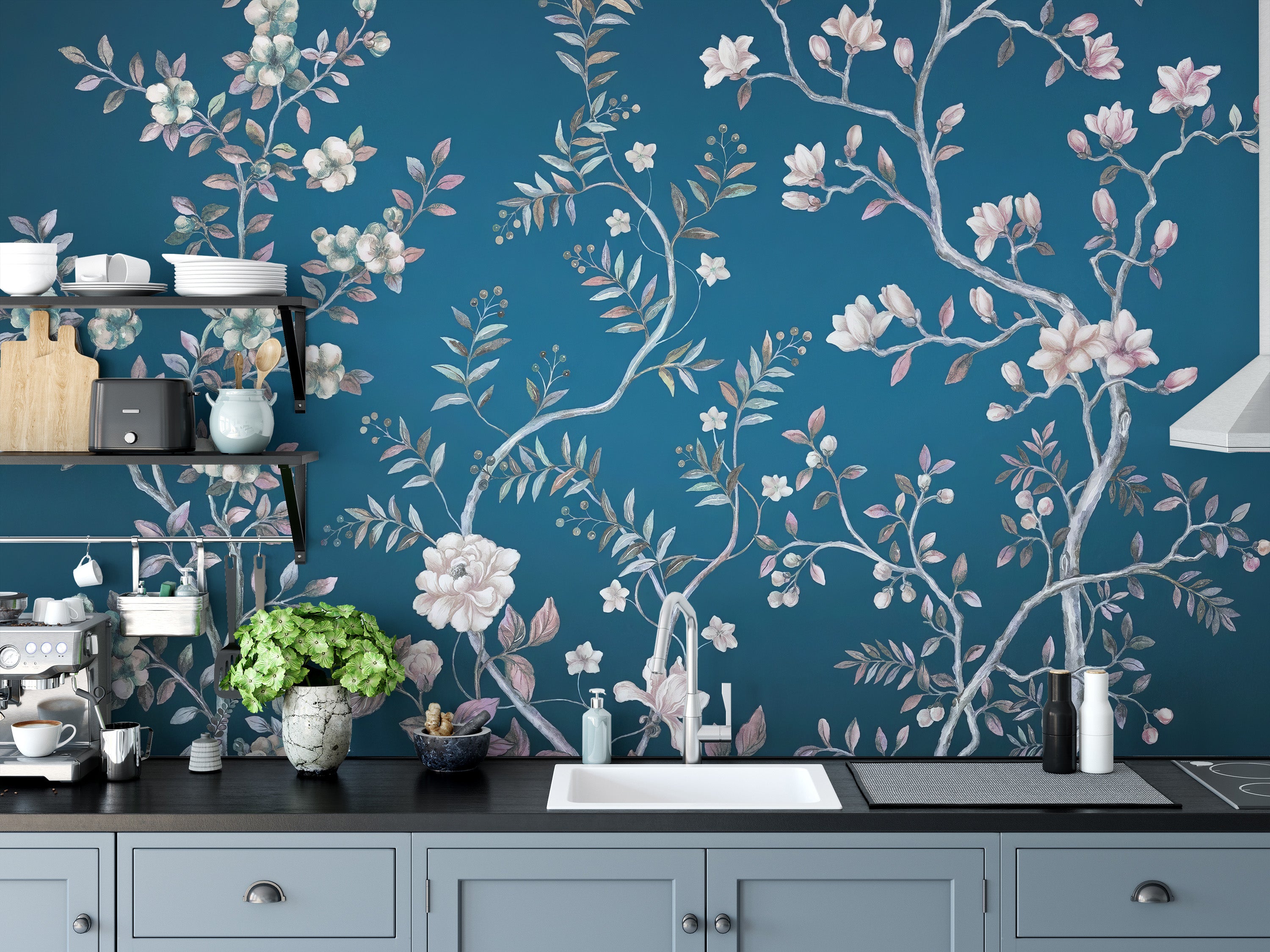 Blue chinoiserie mural for a traditional elegant vibe
