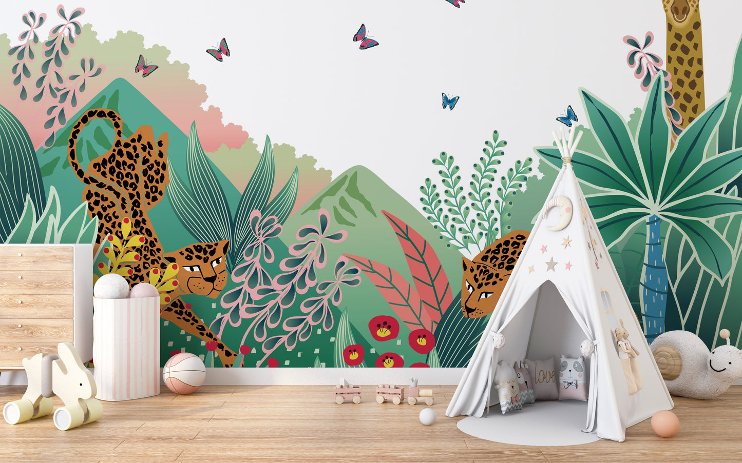 Whimsical jungle safari wallpaper mural
