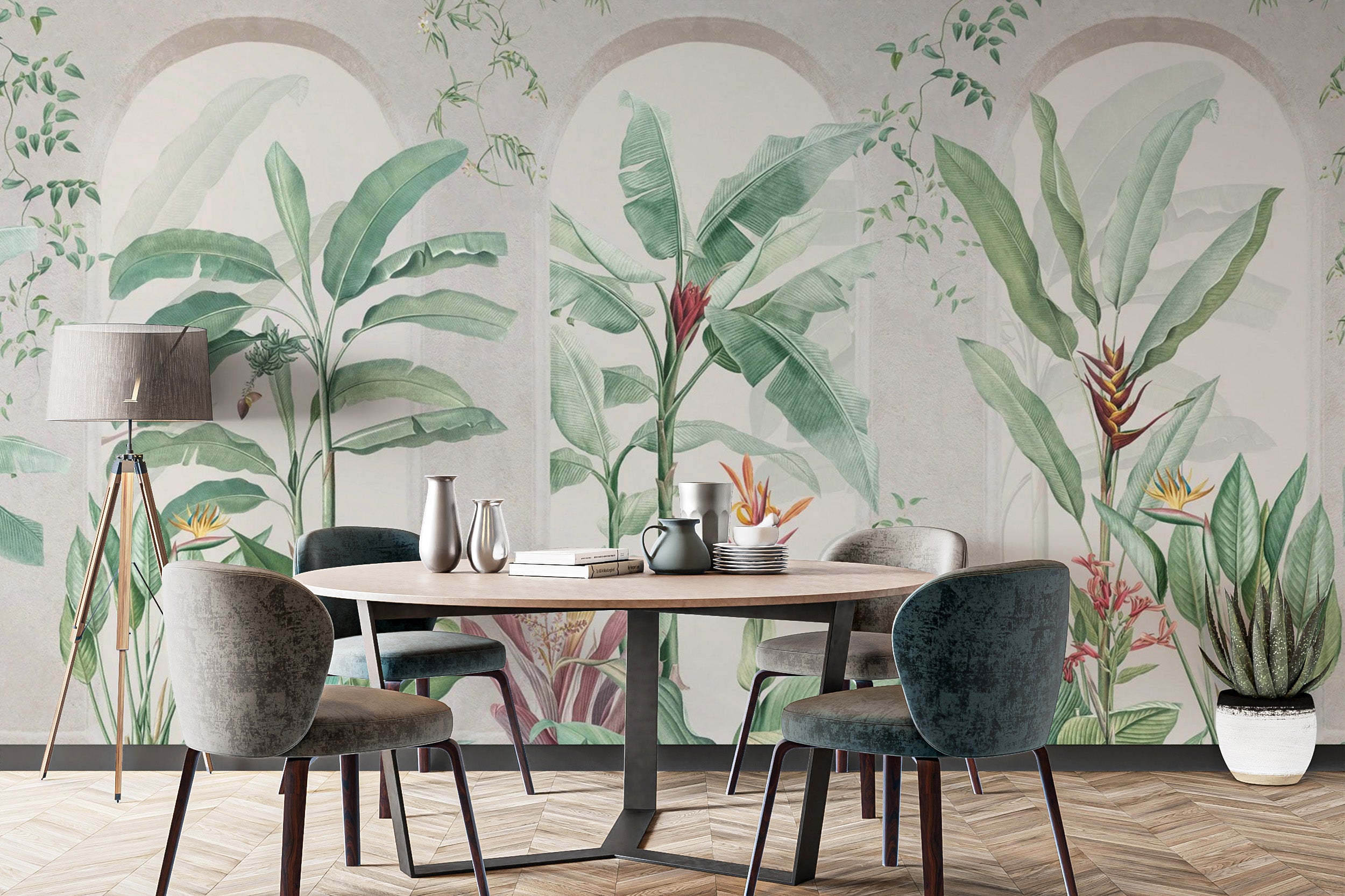 Green banana leaf mural for a tropical ambiance
