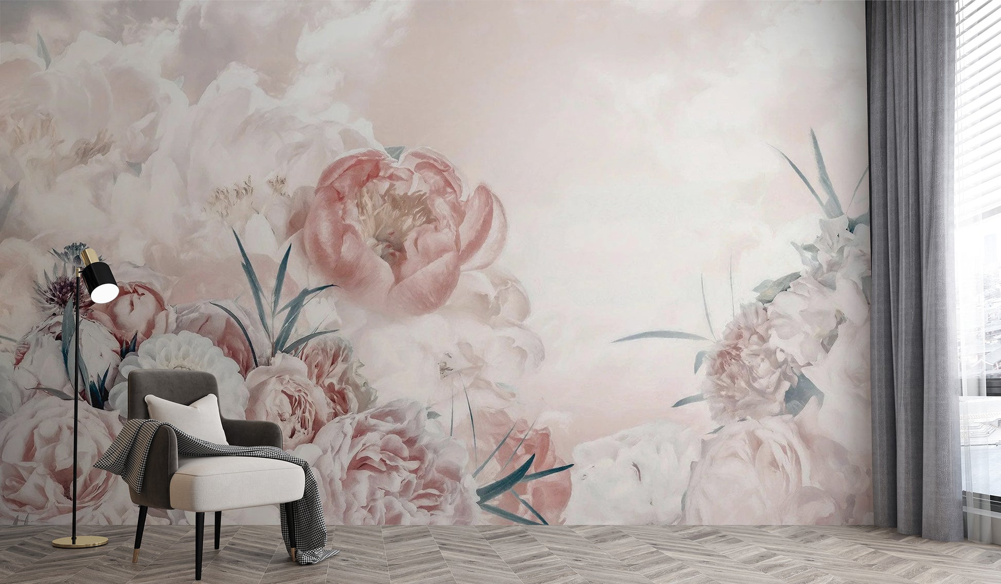 Artistic pink white floral mural for stylish rooms
